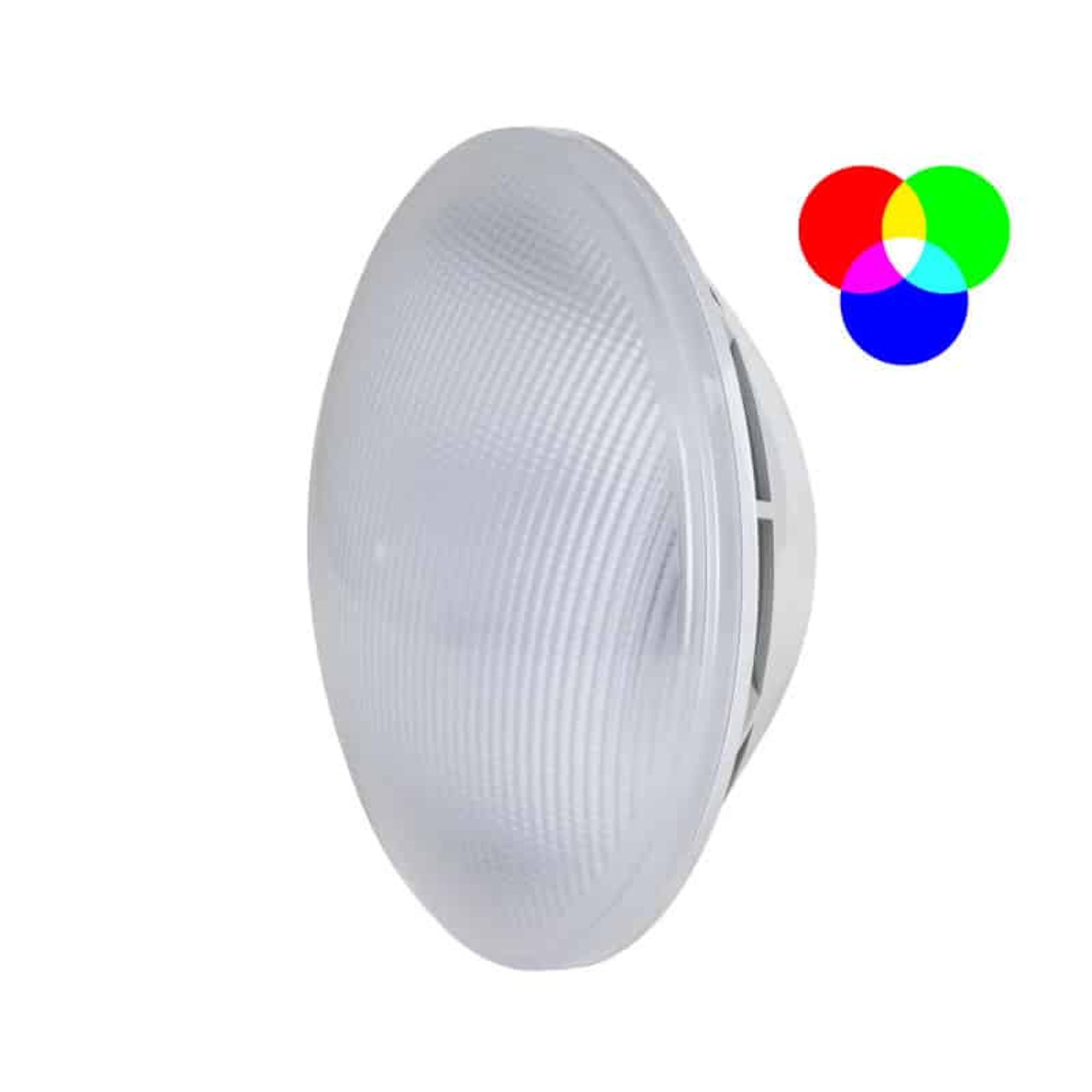 Una lámpara blanca con difusor acanalado y círculos de color: rojo, verde, azul.