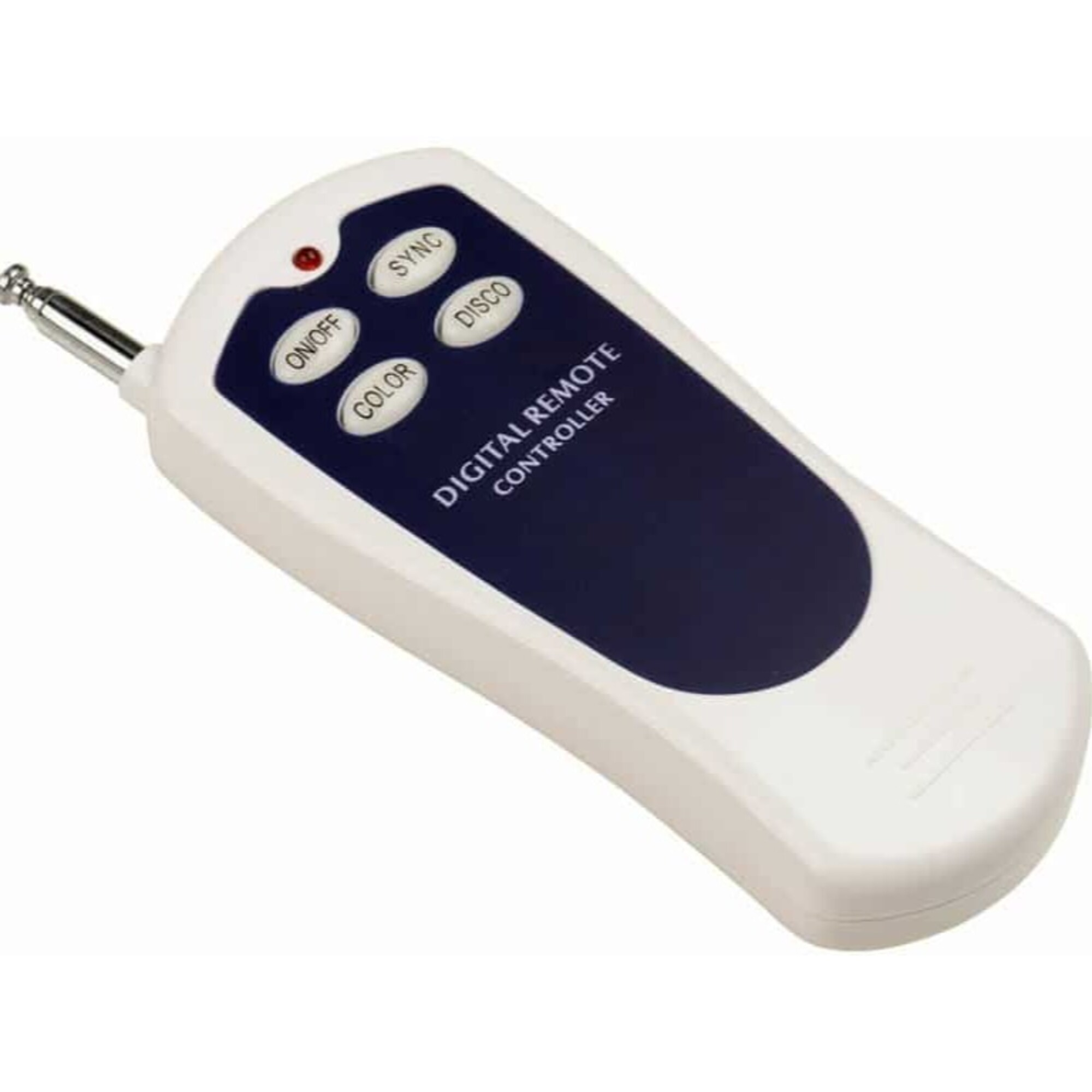 Un mando a distancia blanco con botones azules y antena plateada.