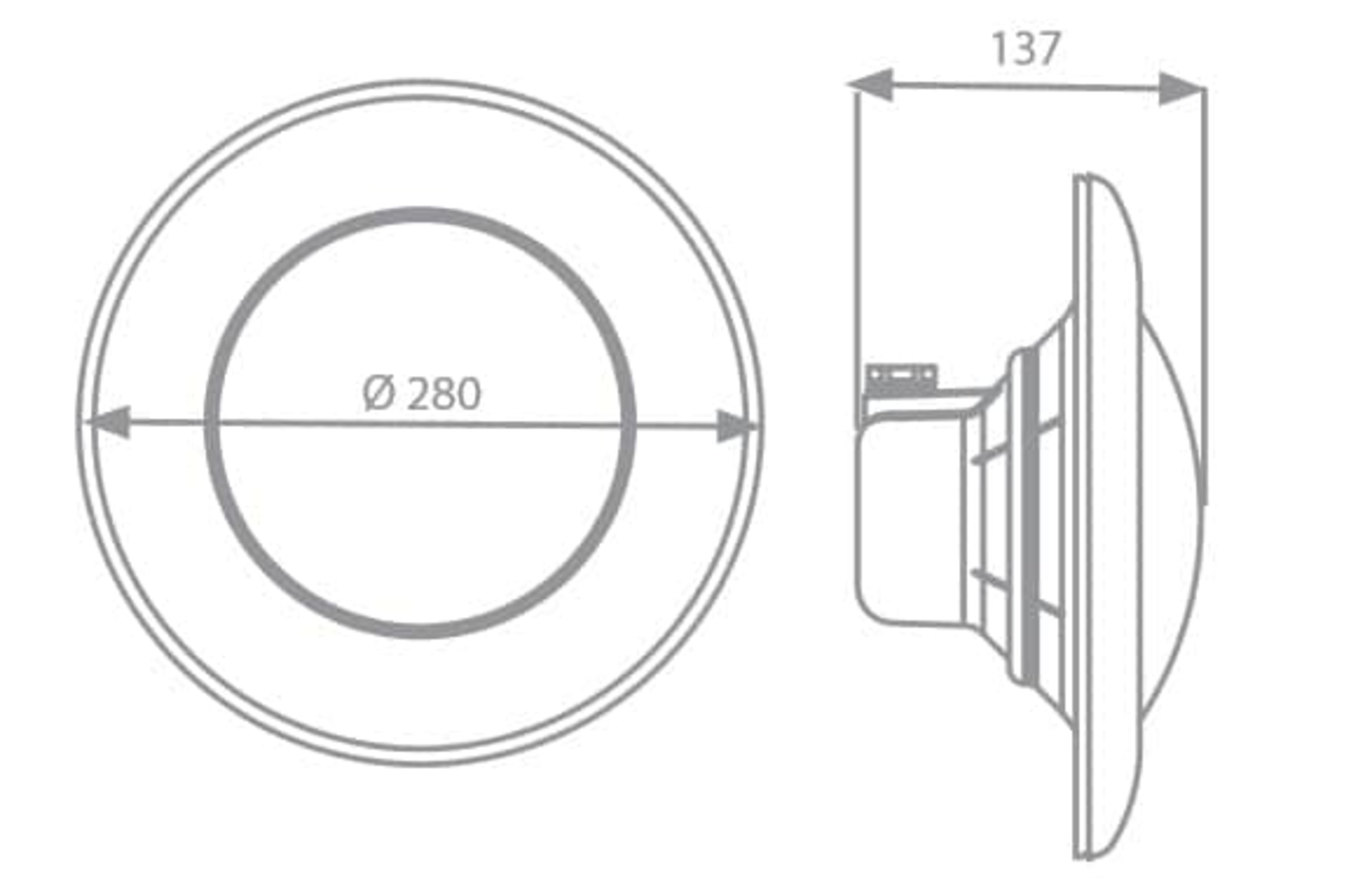 Dibujo técnico de un objeto redondo con dimensiones de 280mm y 137mm.