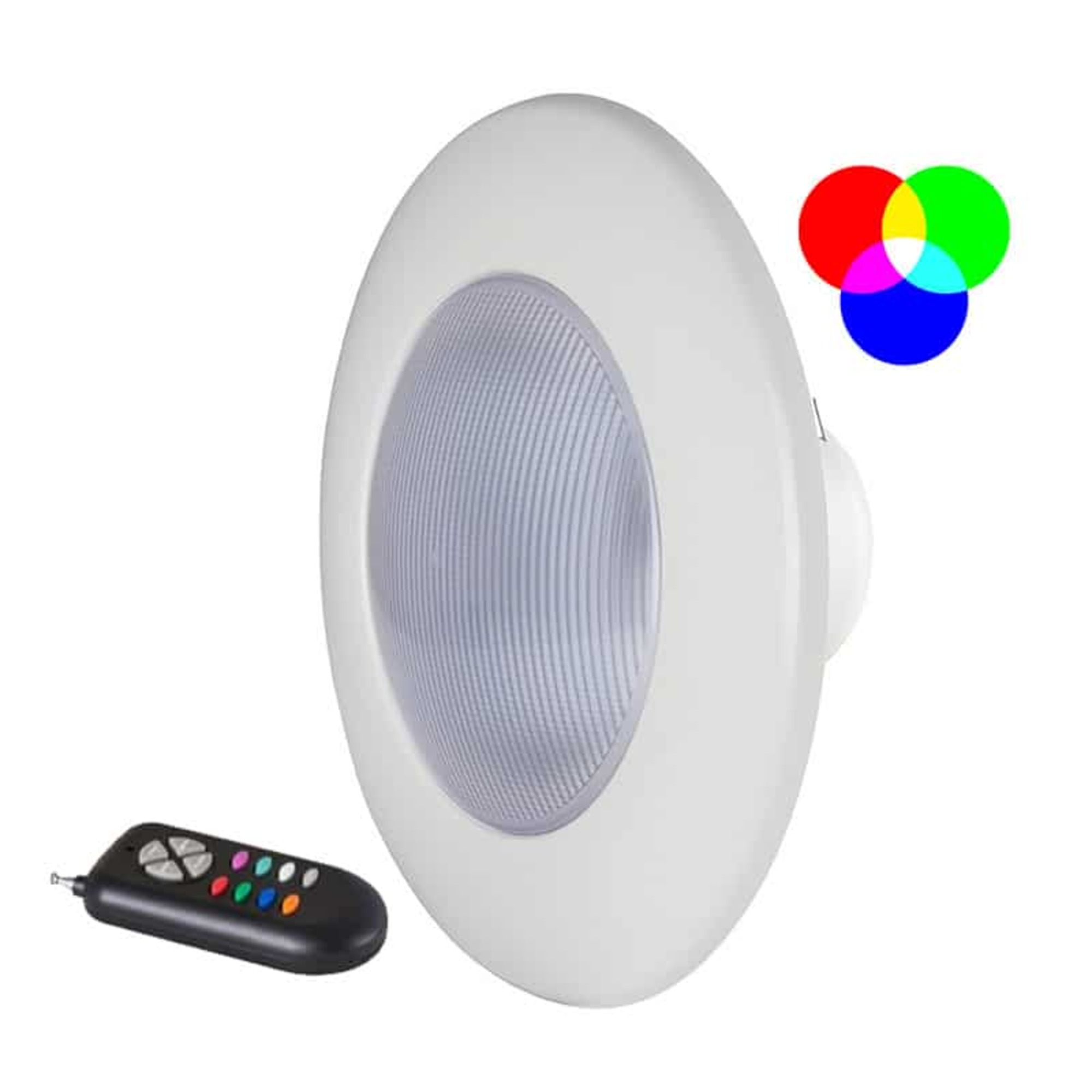 Una lámpara redonda blanca de techo con mando a distancia y botones de color.