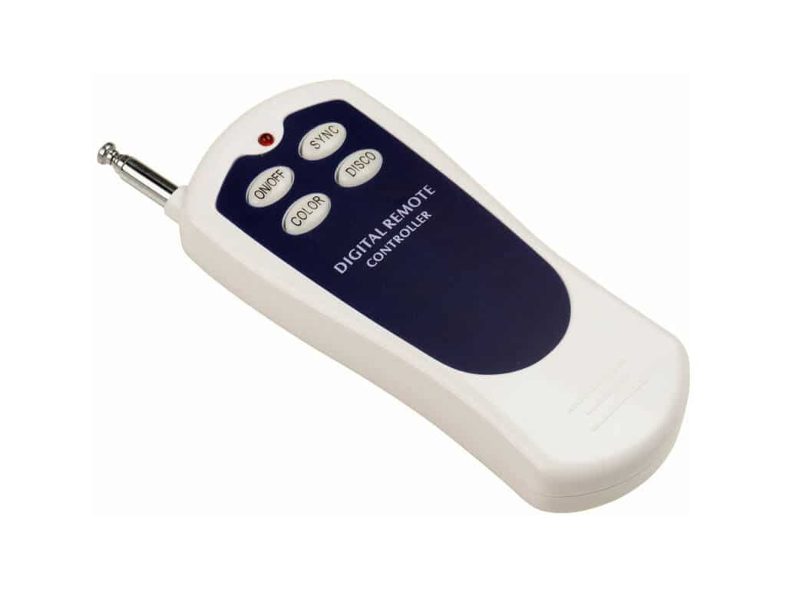 Un mando a distancia blanco con botones azules y antena.
