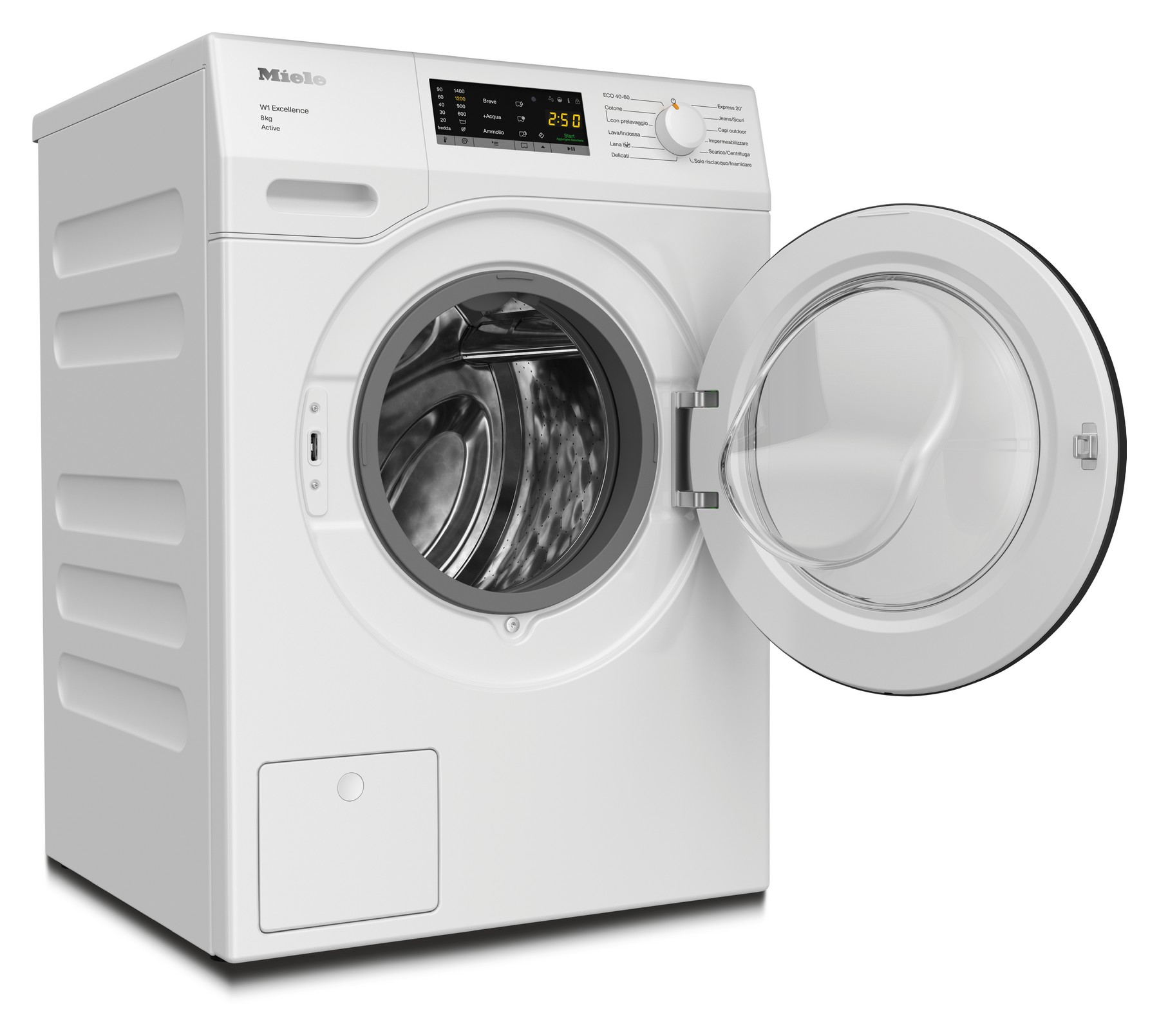 Una lavatrice Miele bianca con oblò aperto e display digitale.