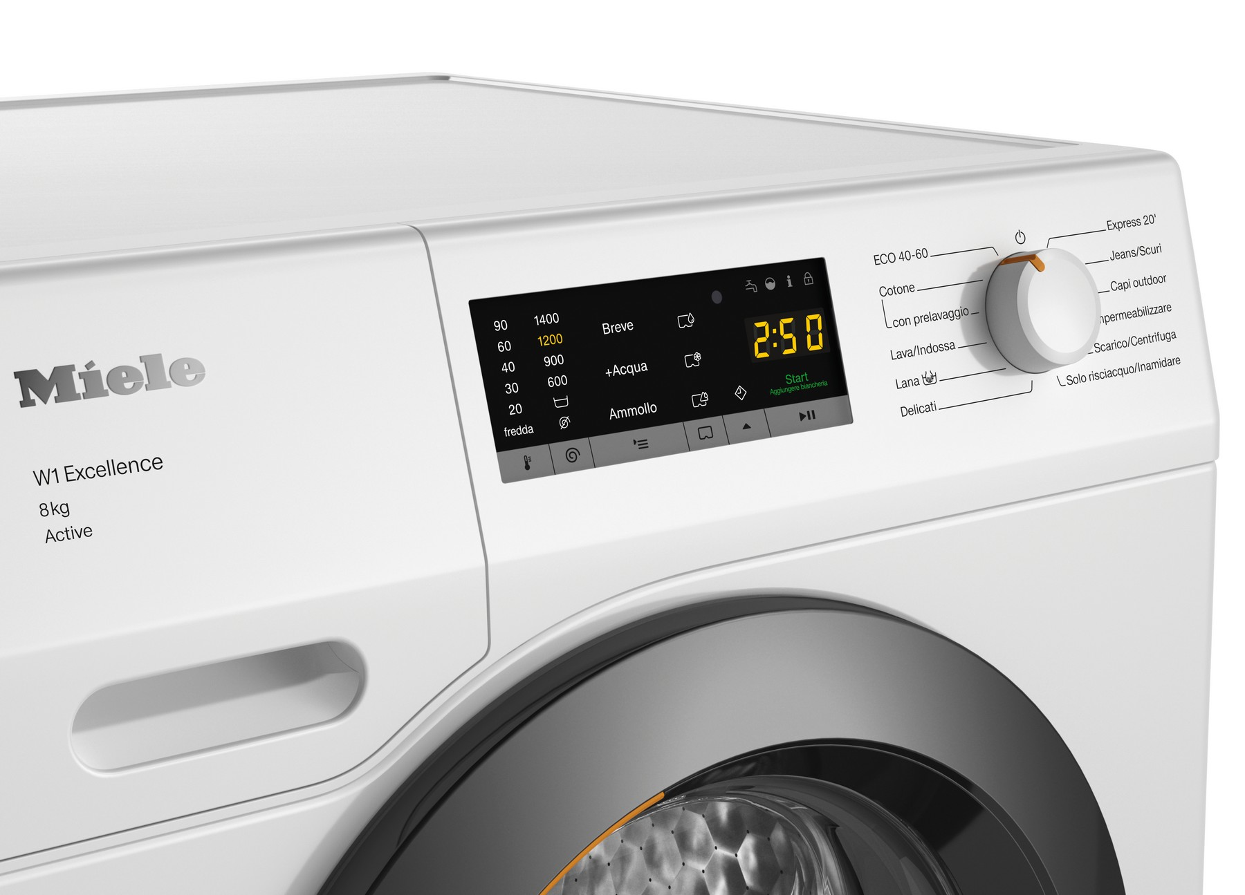 Una lavatrice Miele bianca con display digitale e pannello di controllo.