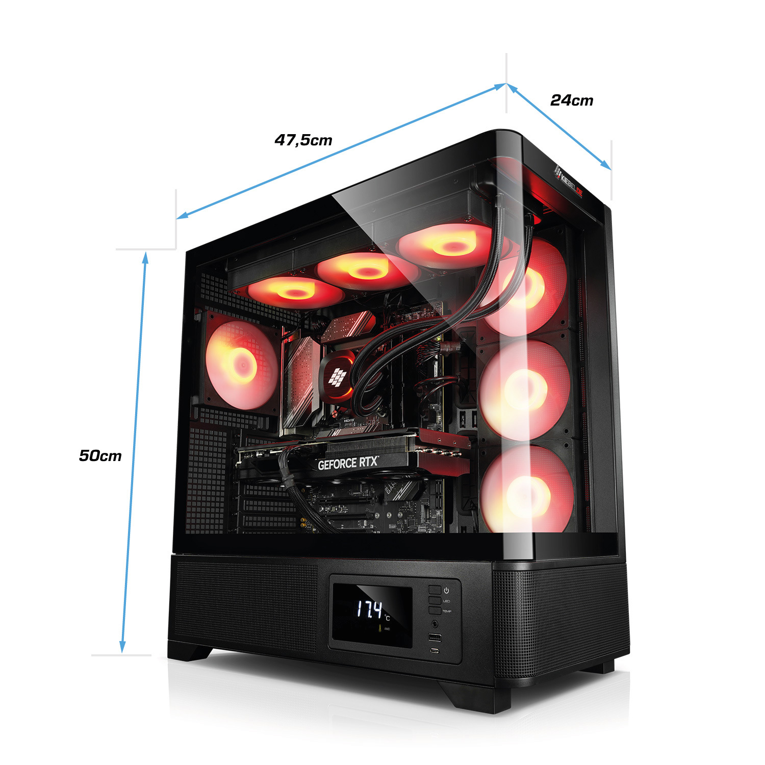 Boîtier PC noir avec ventilateurs rouges et dimensions (H 50cm, L 24cm, P 47,5cm).