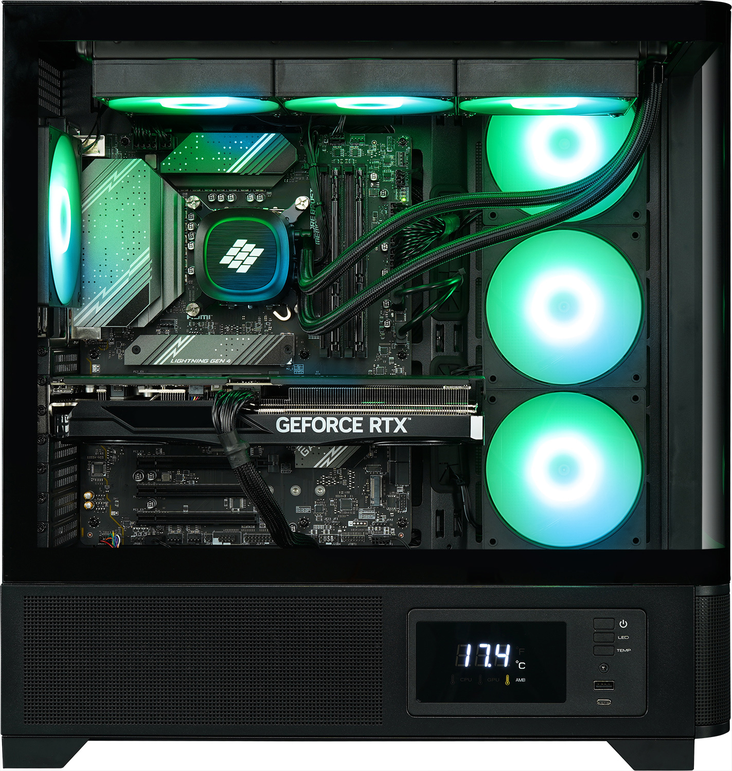 Un PC puissant avec éclairage LED vert, carte graphique RTX et affichage numérique de température.