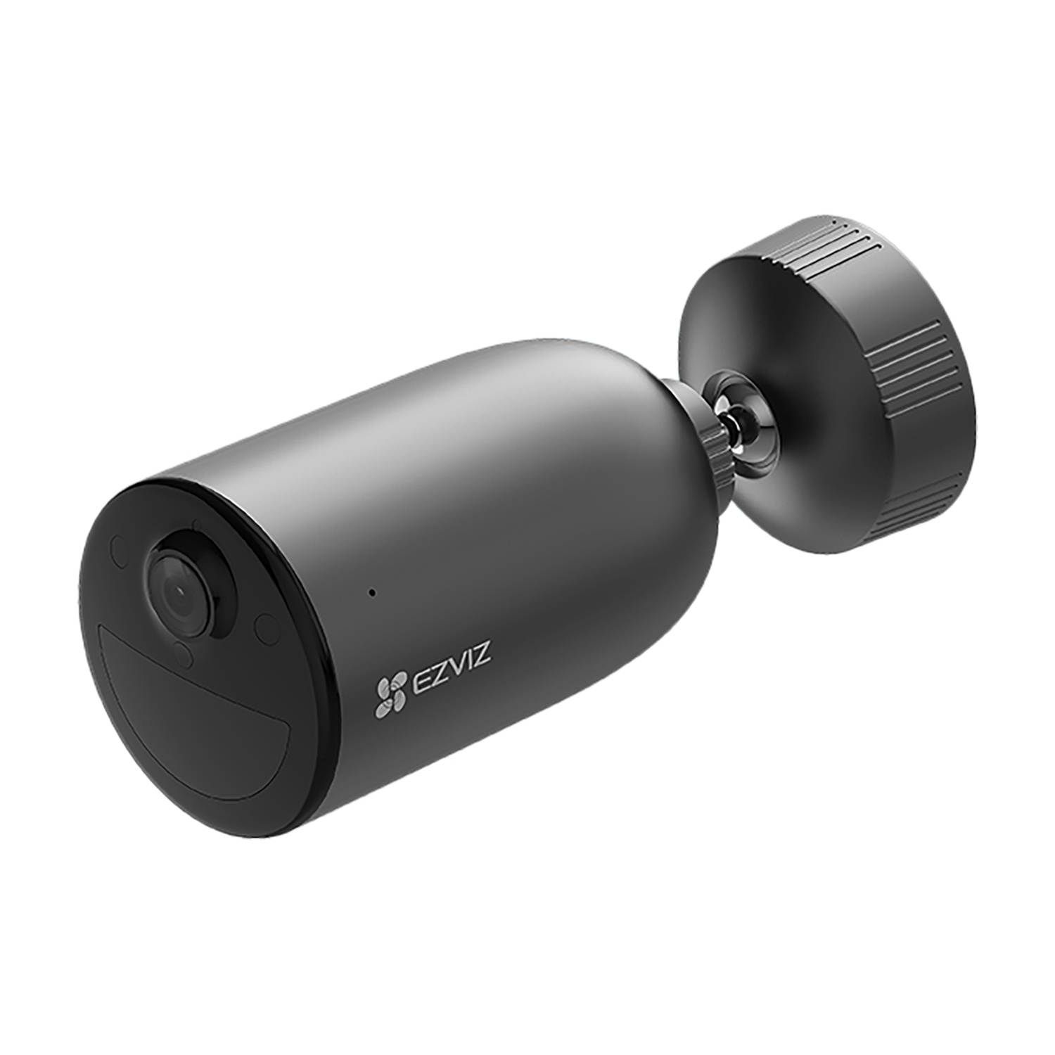 A black security camera with a silver mounting base, isolated on a white background.