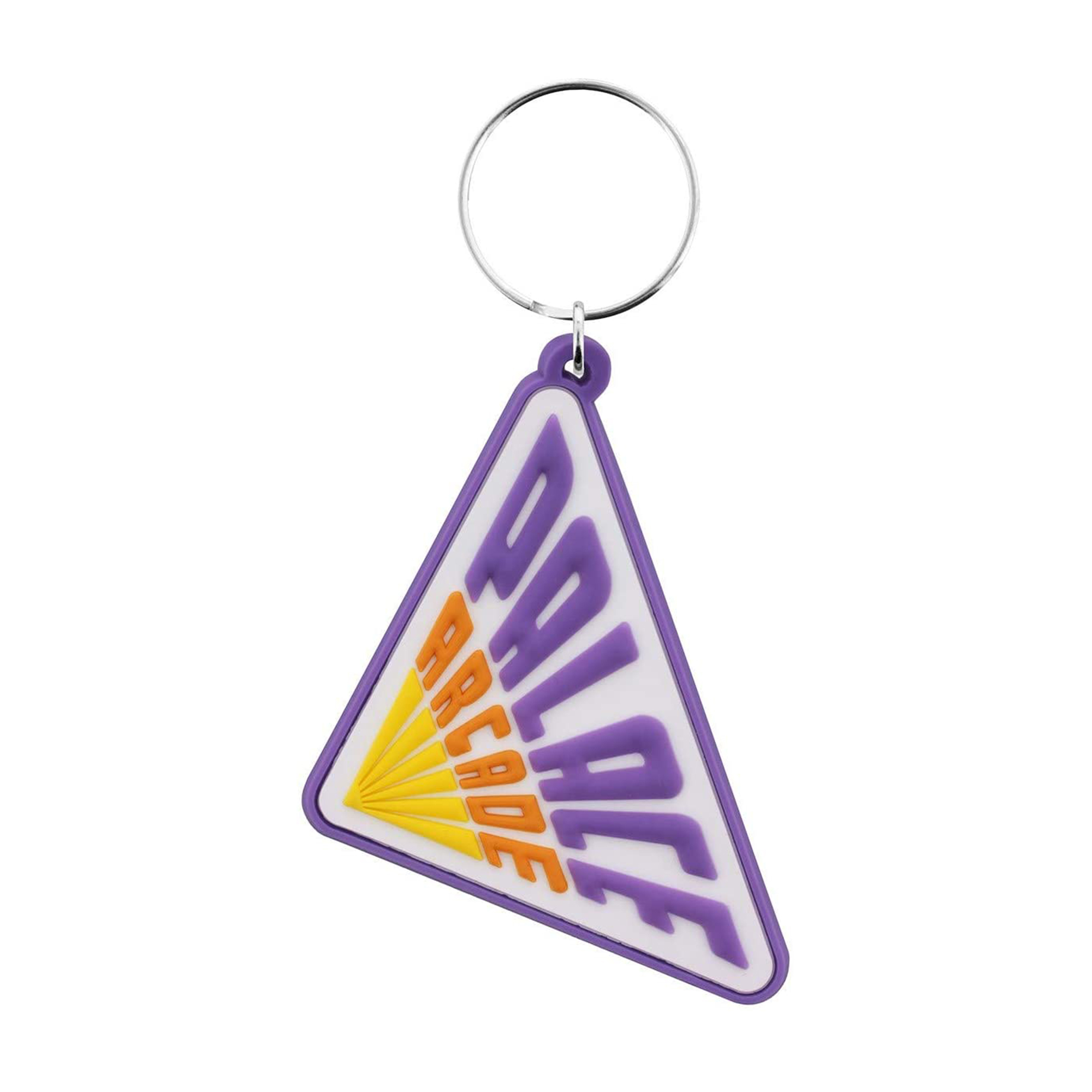 Un porte-clés triangulaire avec texte violet, orange et jaune.