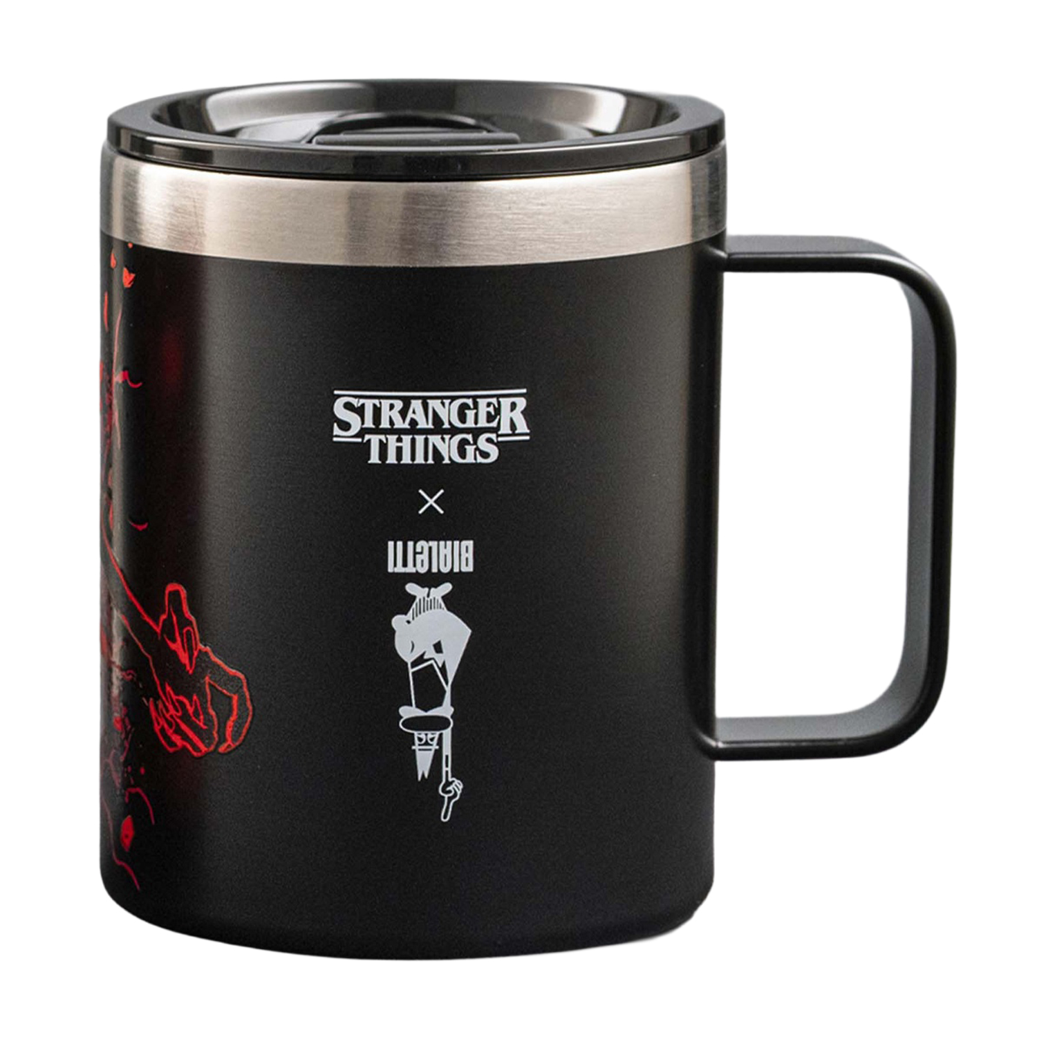 Tazza nera con logo Stranger Things e grafica rossa. Manico e coperchio bianchi.