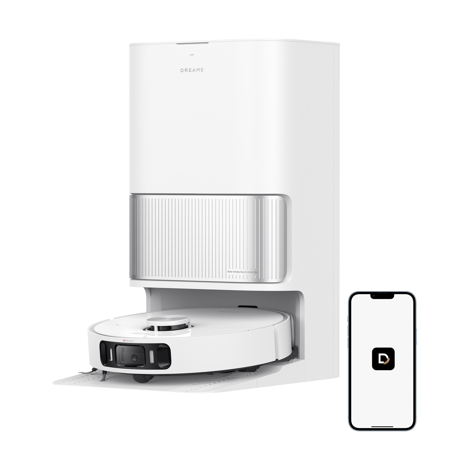 Biały robot sprzątający ze stacją dokującą i smartfonem obok.