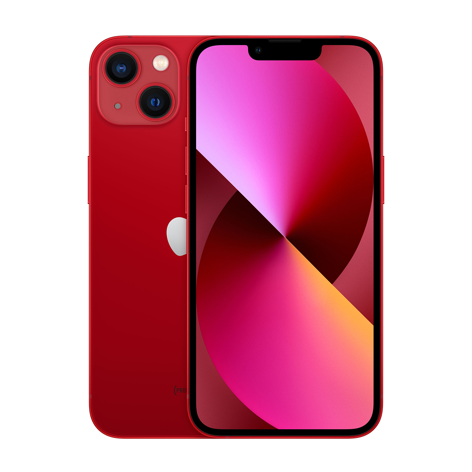 Un iPhone rosso con due fotocamere e uno schermo colorato.