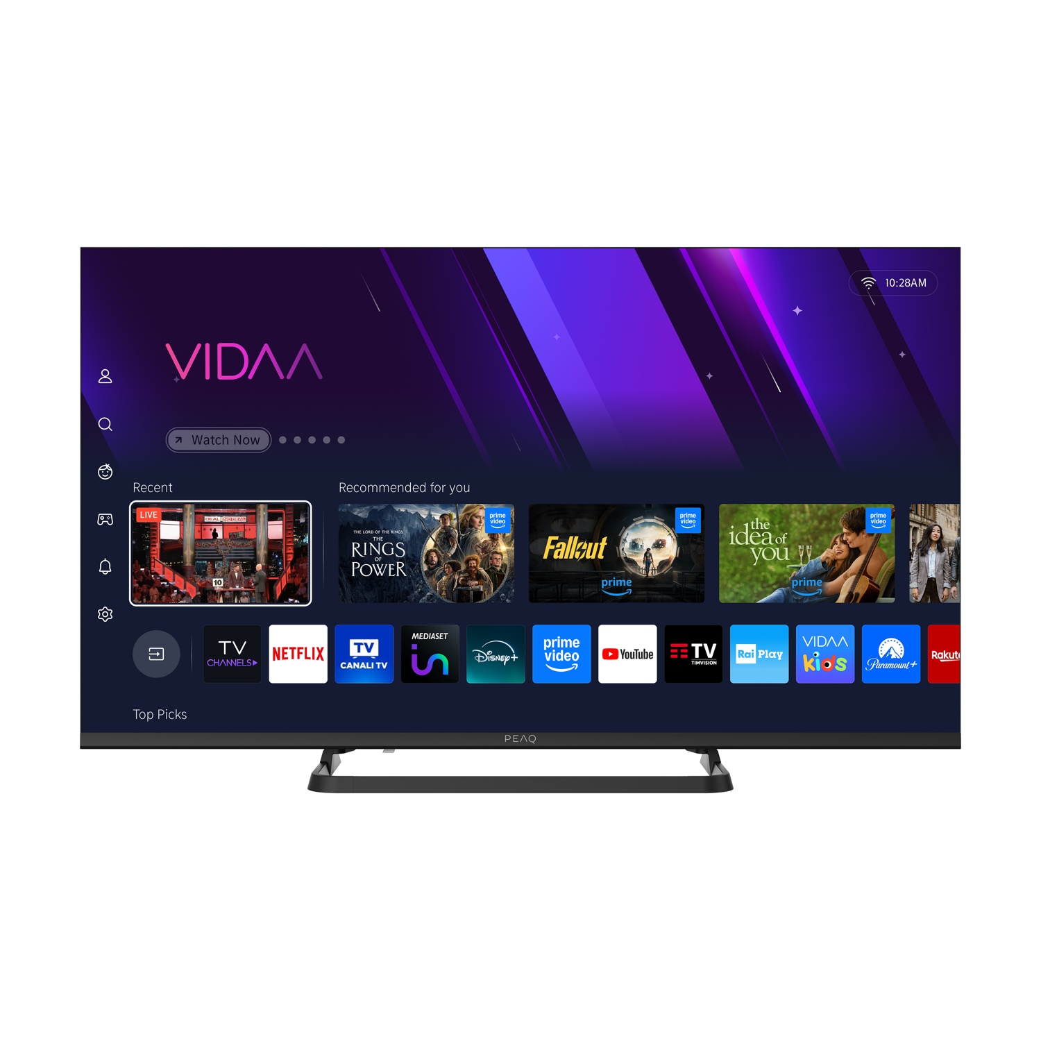Una TV moderna mostra l'interfaccia VIDAA con app come Netflix, Prime Video e Disney+.