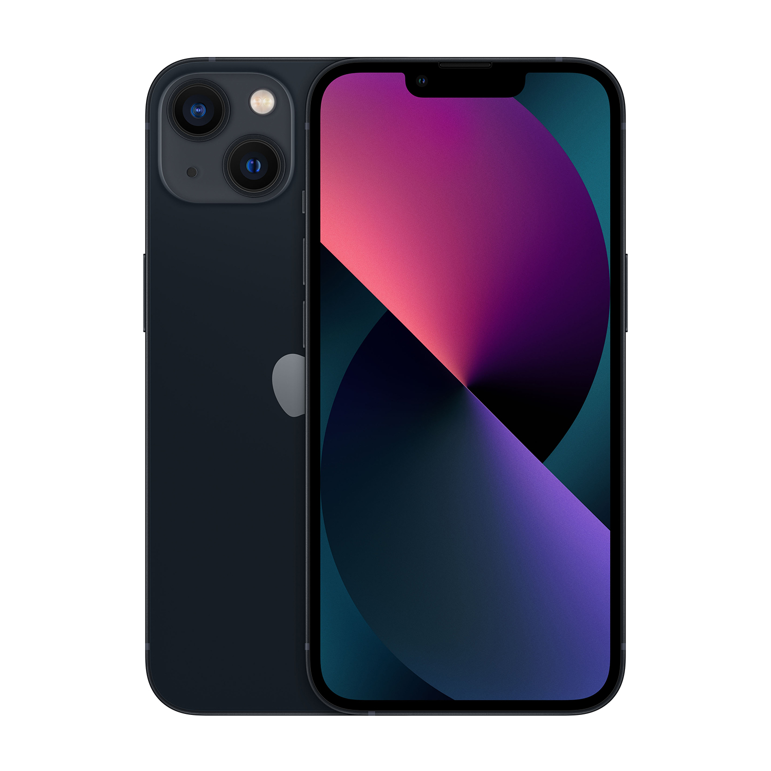 iPhone blu scuro con due fotocamere e uno sfondo astratto.