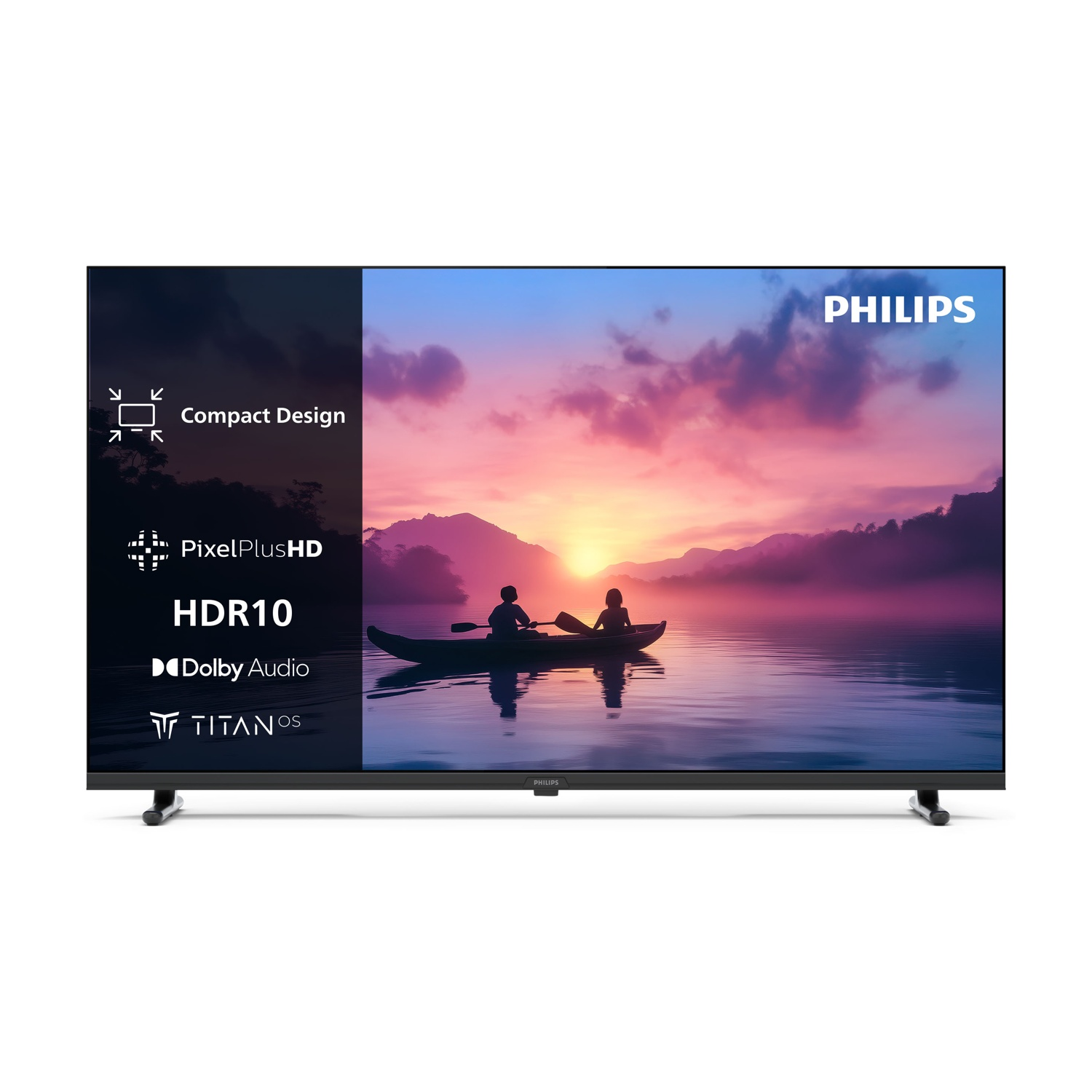 Una TV mostra un paesaggio con due canoisti al tramonto.