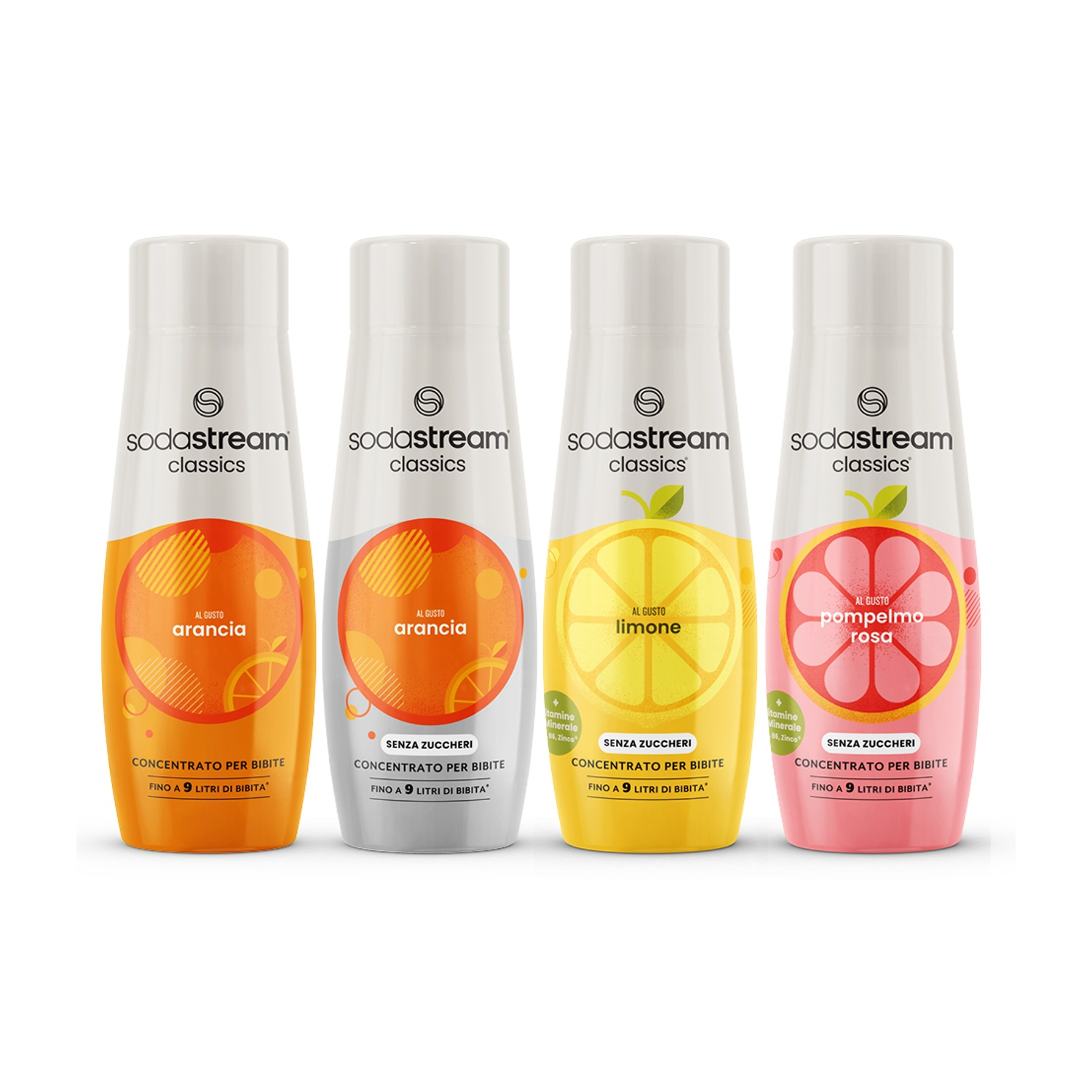 Quattro bottiglie di sciroppo Sodastream: arancia, limone, pompelmo rosa.