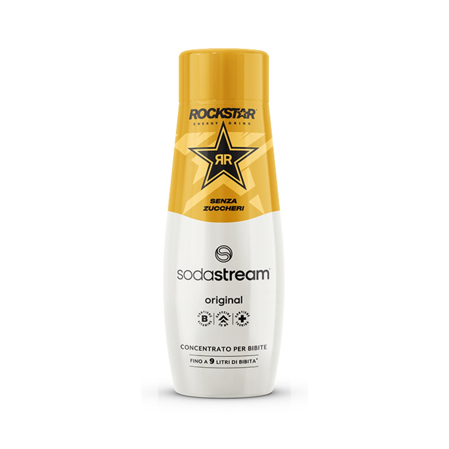 Una bottiglia Rockstar Sodastream gialla e bianca con bevanda energetica.