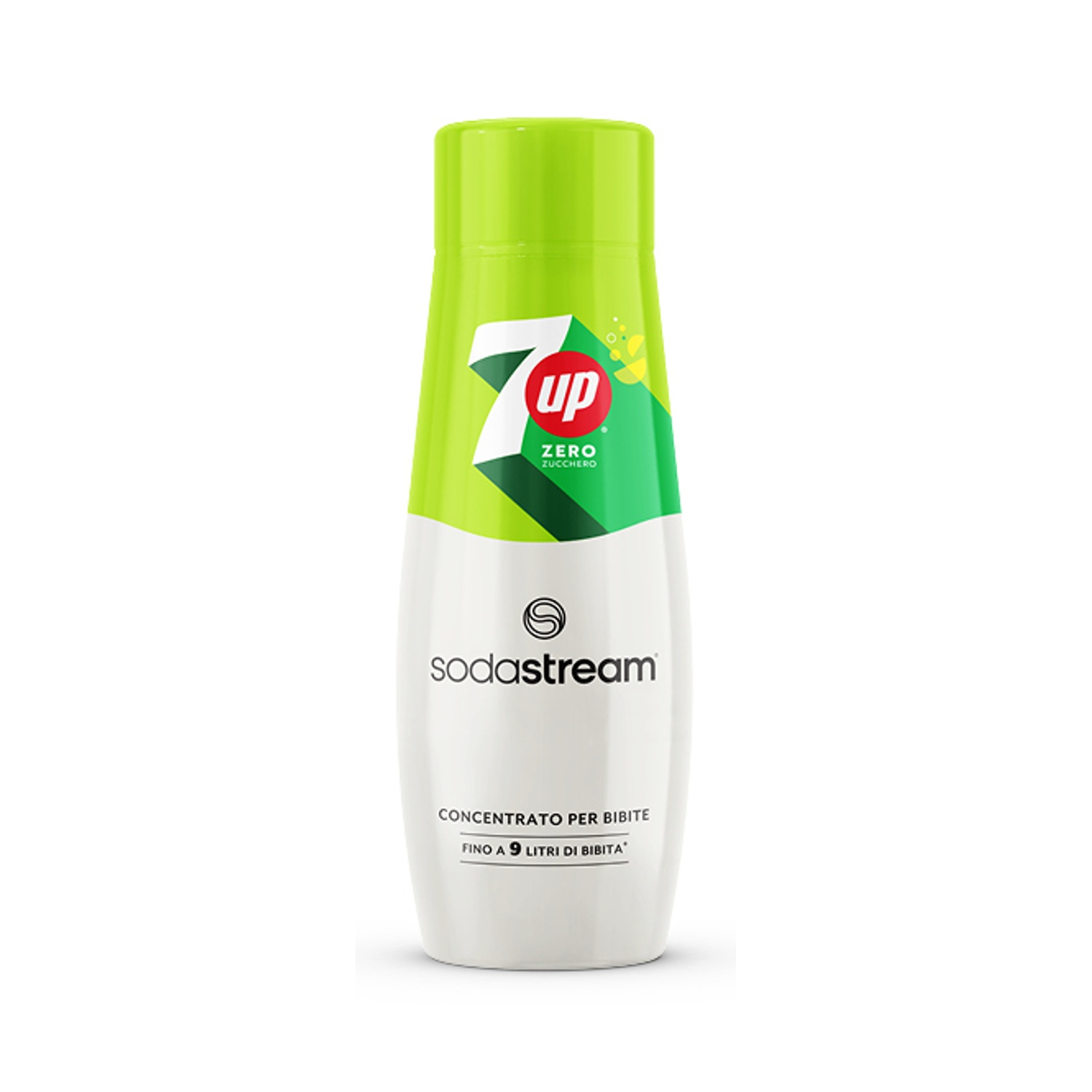 Una bottiglia Sodastream bianca e verde con 7UP Zero Zucchero.