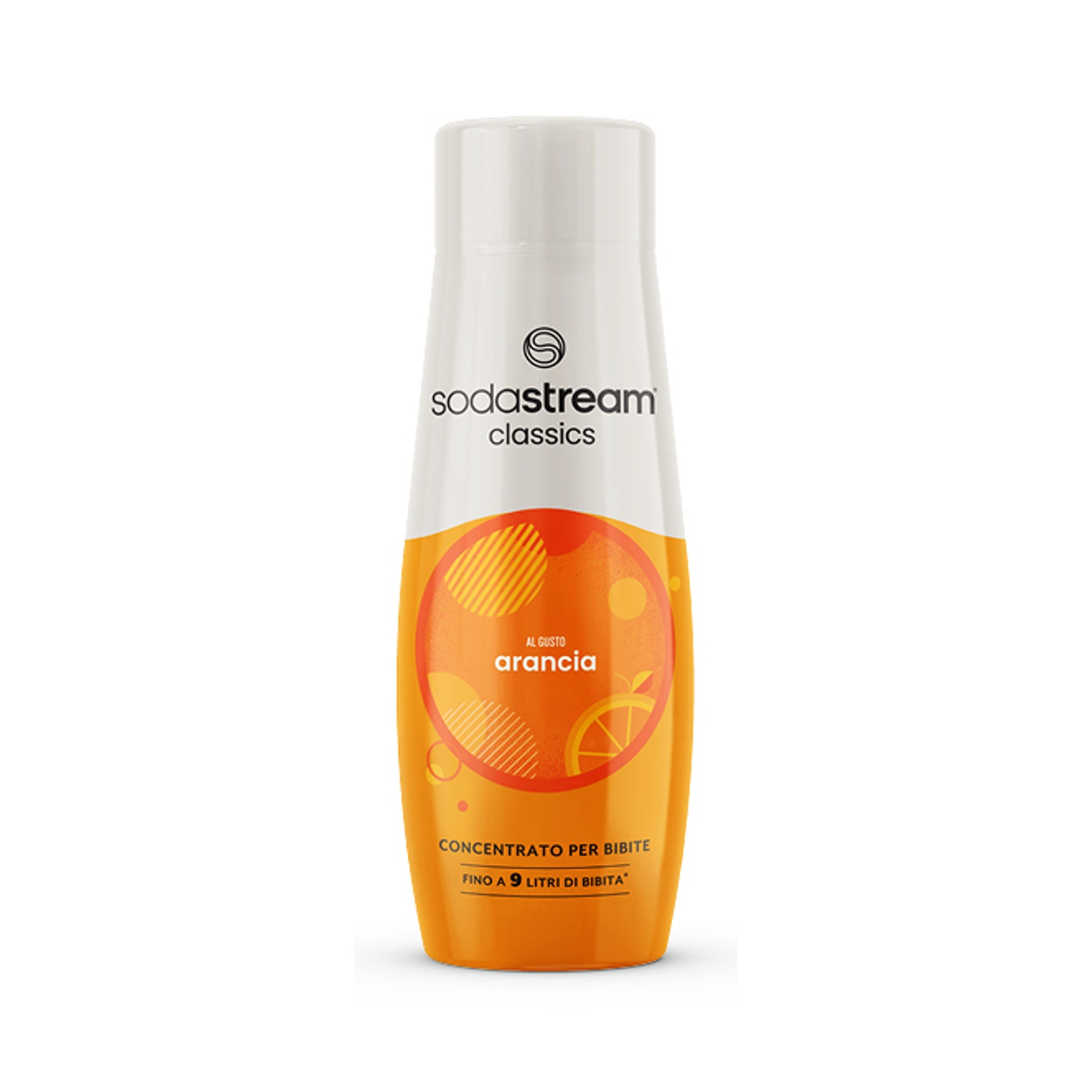 Una bottiglia Sodastream al gusto di arancia, tappo bianco ed etichetta arancione.