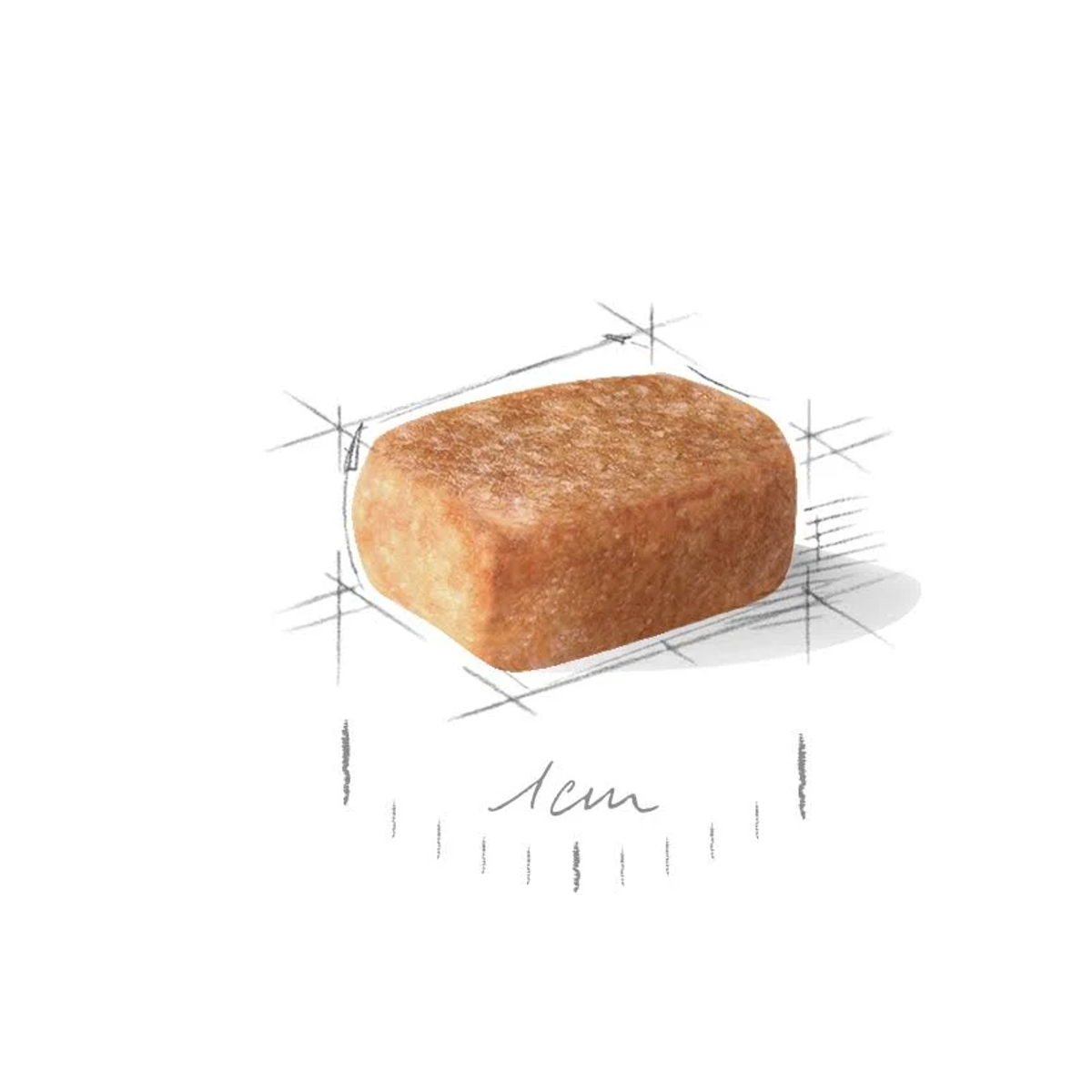 Una sola croqueta rectangular marrón con una ligera curva, sobre un fondo blanco con líneas de boceto.