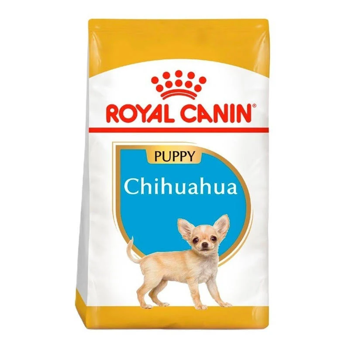 Bolsa de comida Royal Canin Chihuahua para cachorros con un cachorro Chihuahua.