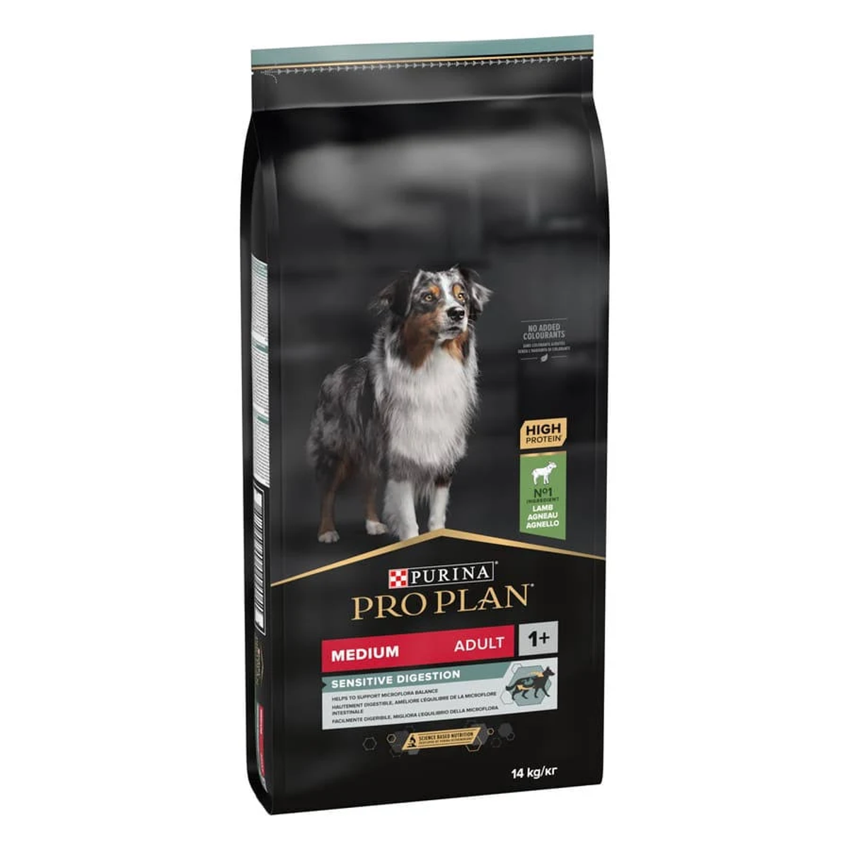Alimento para perros Purina Pro Plan, cordero, 14 kg, con imagen de perro.