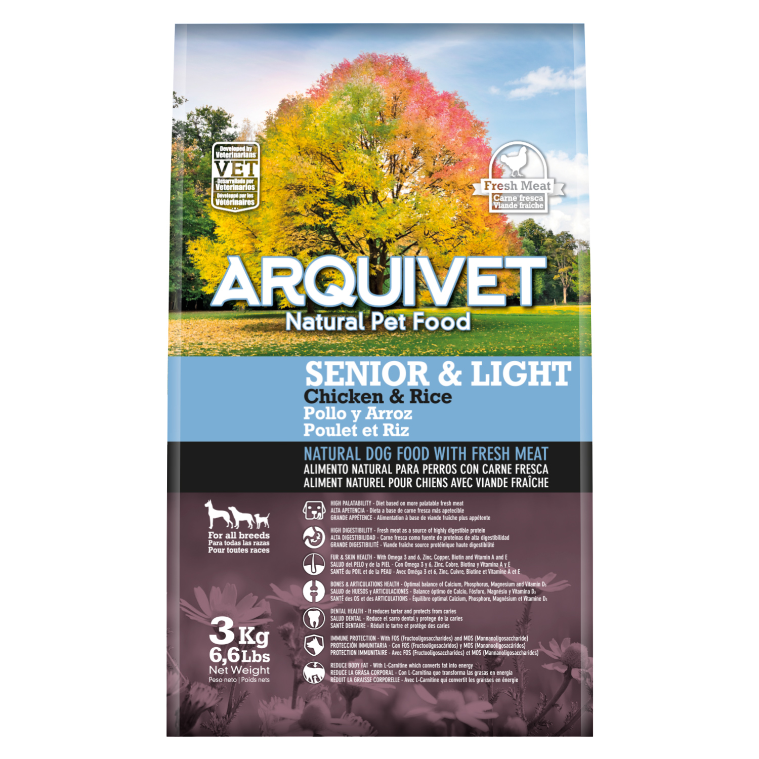Alimento Arquivet para perros: Senior & Light Pollo y Arroz, con carne fresca.