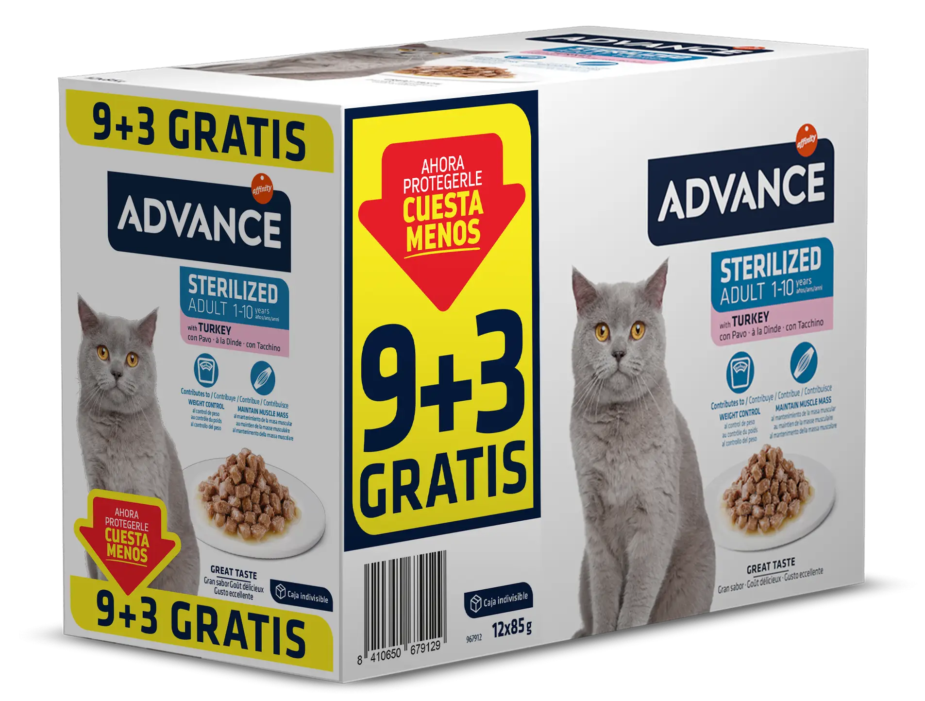 Caja de comida Advance para gatos con un gato gris y cuencos de comida.