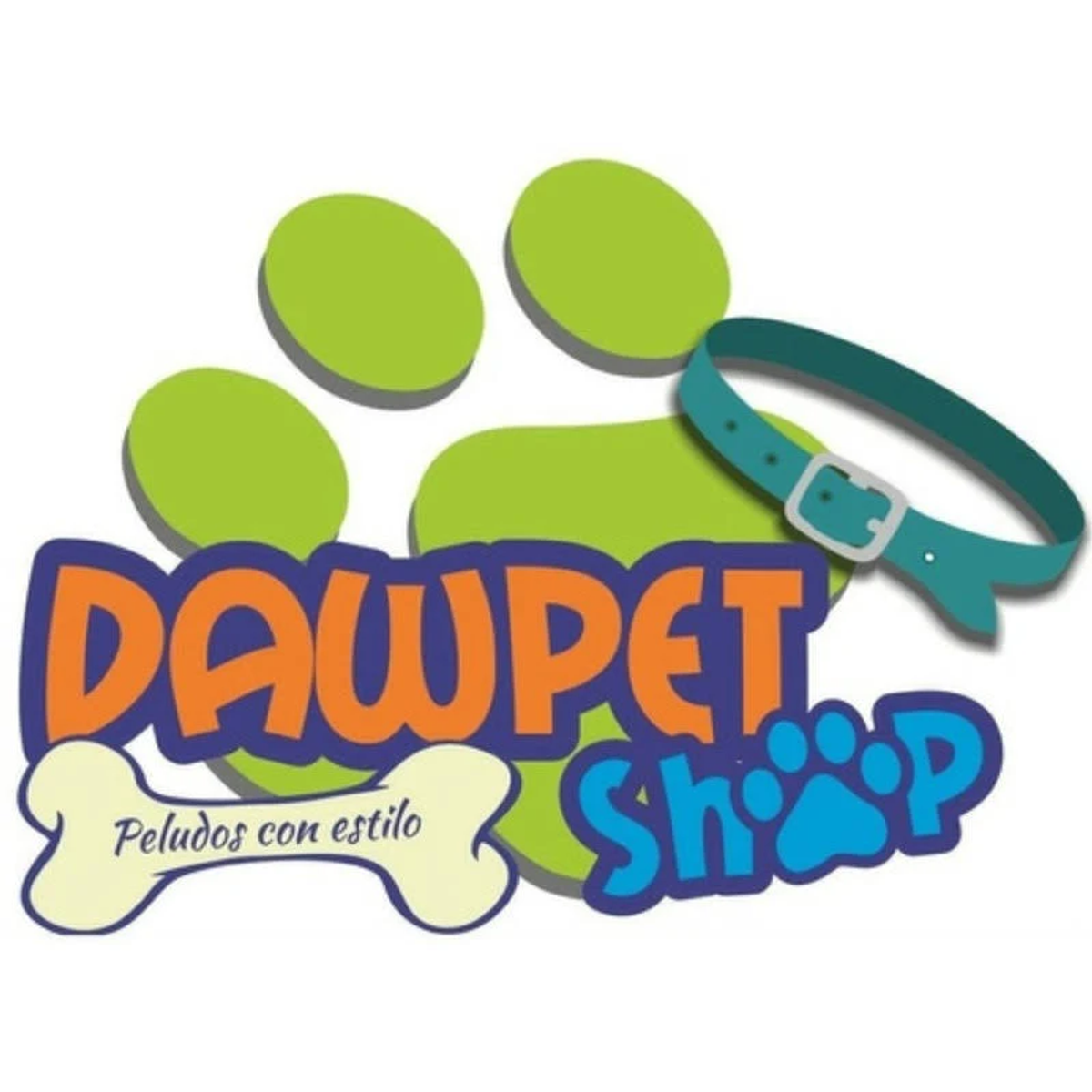 Logo con huella verde, collar de perro y texto 'DAWPET Shop'.