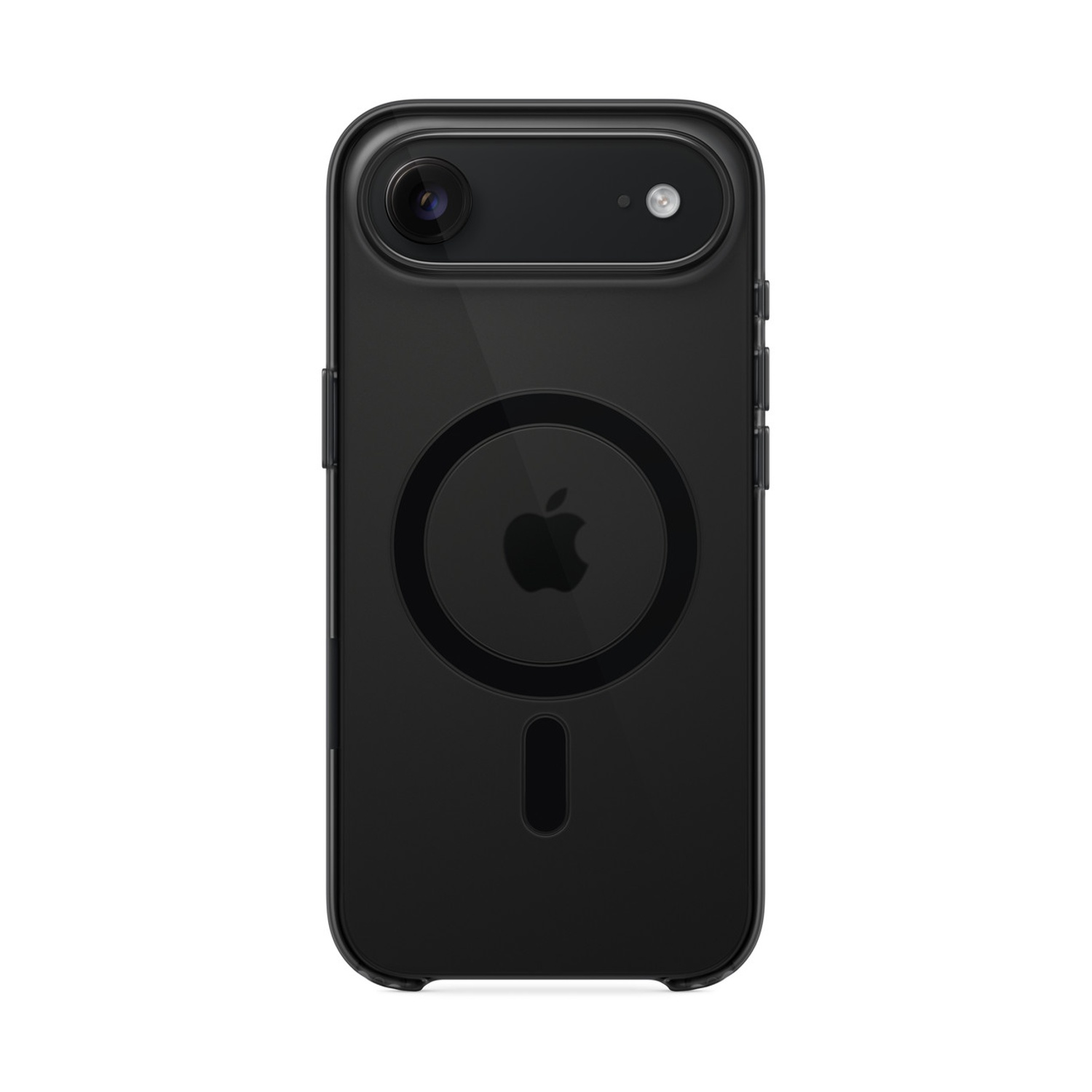 Czarne etui na iPhone z logo Apple i wycięciem na aparat.