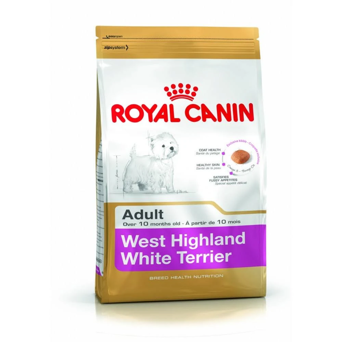 Złota torba karmy Royal Canin dla West Highland White Terrierów.