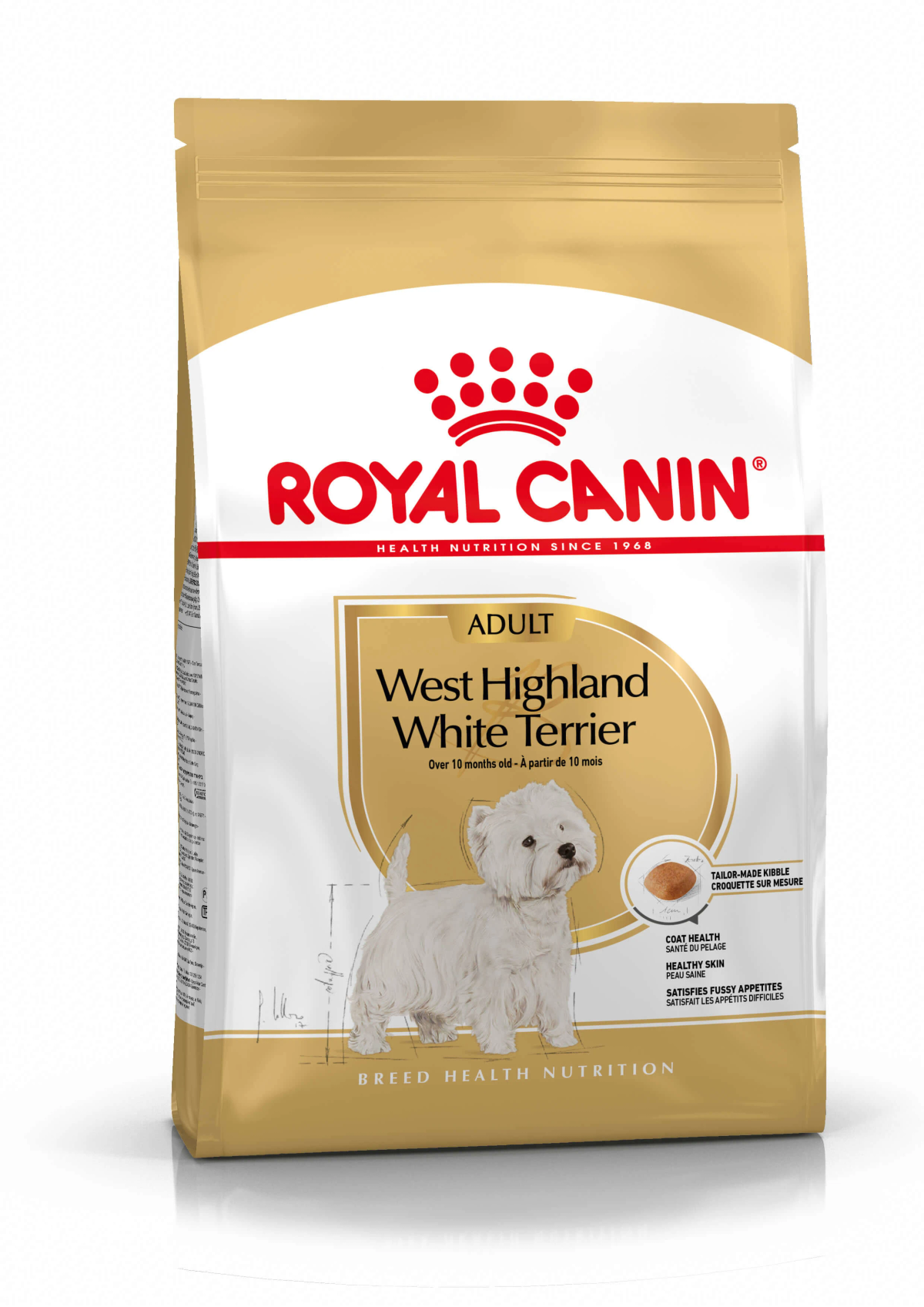Złota torba karmy dla psów Royal Canin z logo i West Highland White Terrierem.