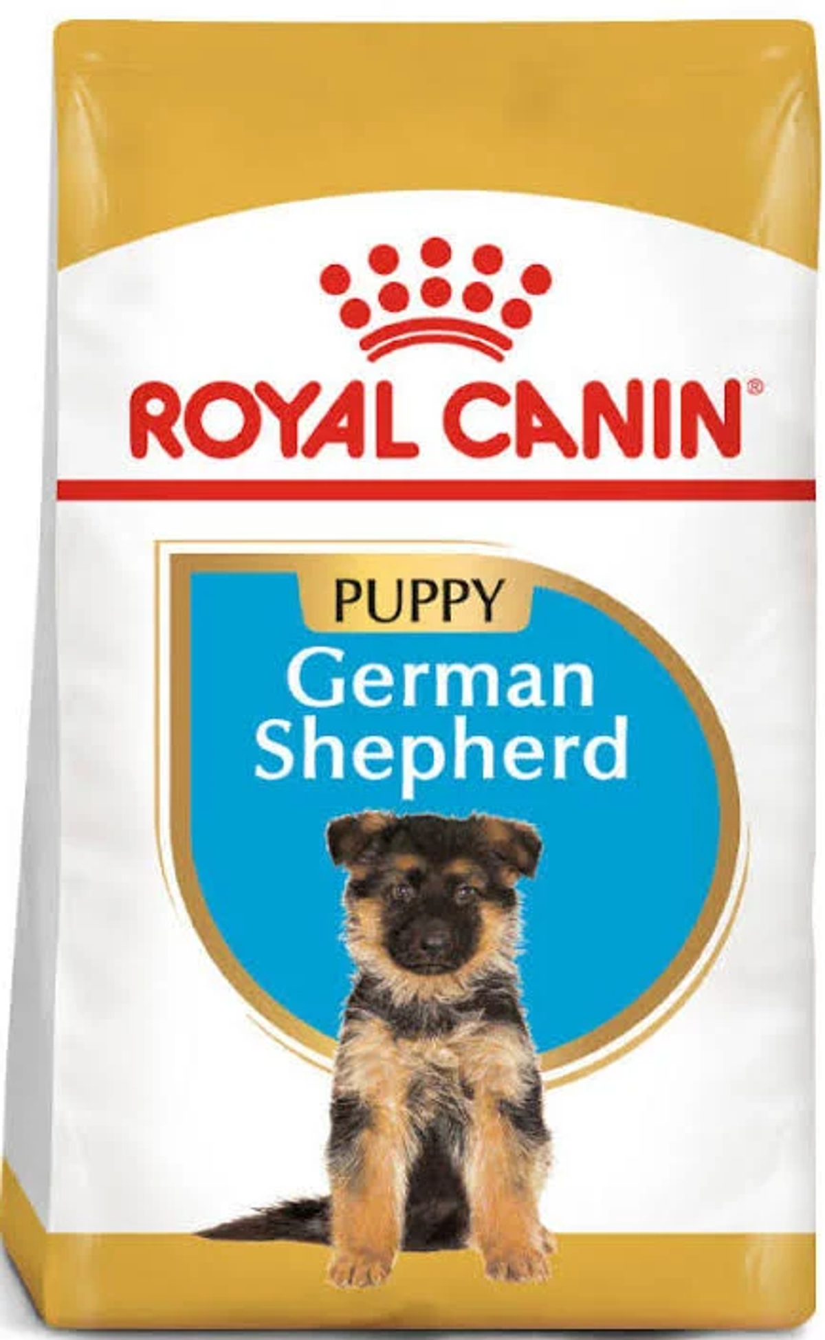 Bolsa de comida Royal Canin Pastor Alemán para cachorros con un cachorro lindo.