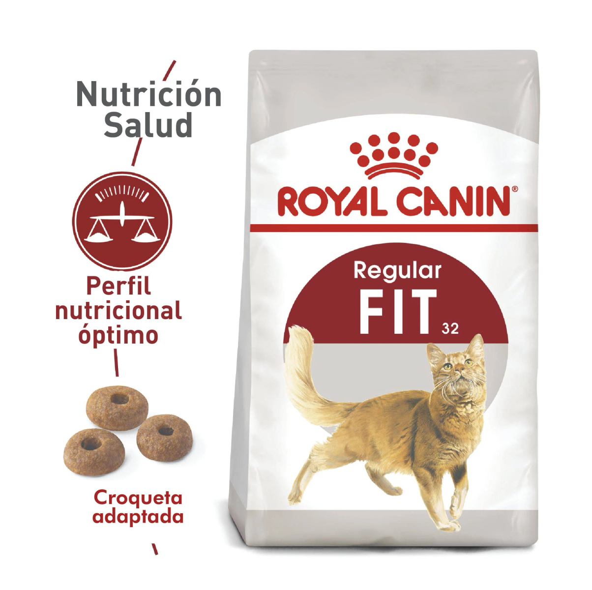 Bolsa Royal Canin con gato naranja, croquetas y texto sobre nutrición y salud.