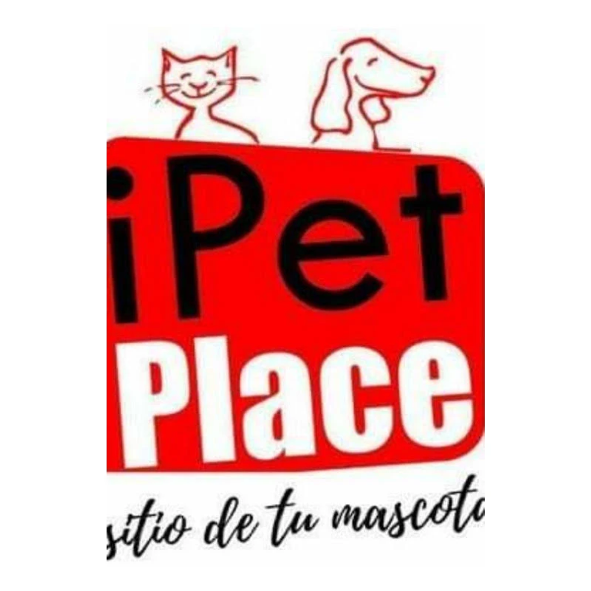 Logo con gato y perro sobre letrero rojo con "iPet Place" y "sitio de tu mascota".