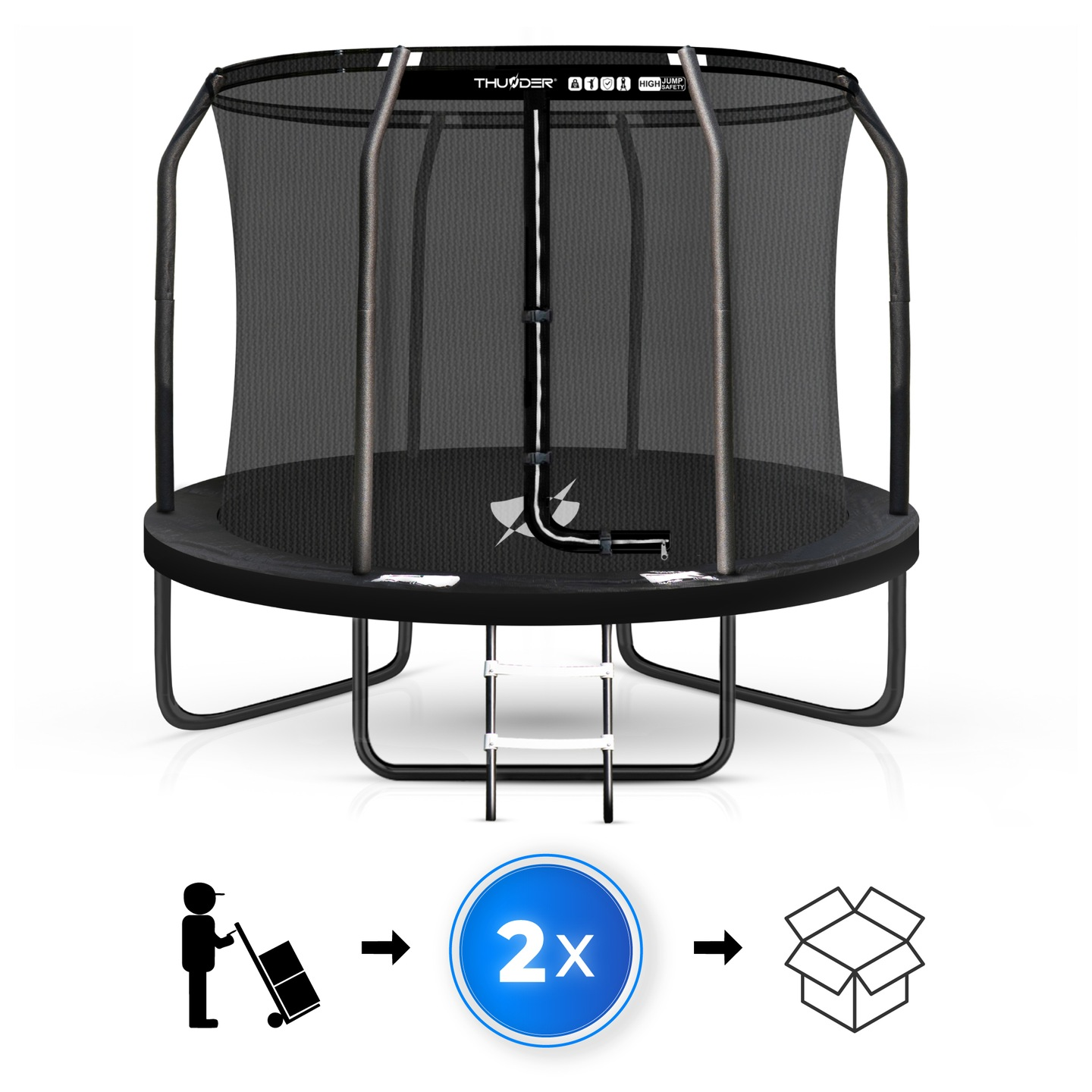 Czarna trampolina z siatką zabezpieczającą i drabiną, obok symbol dwóch pudeł.