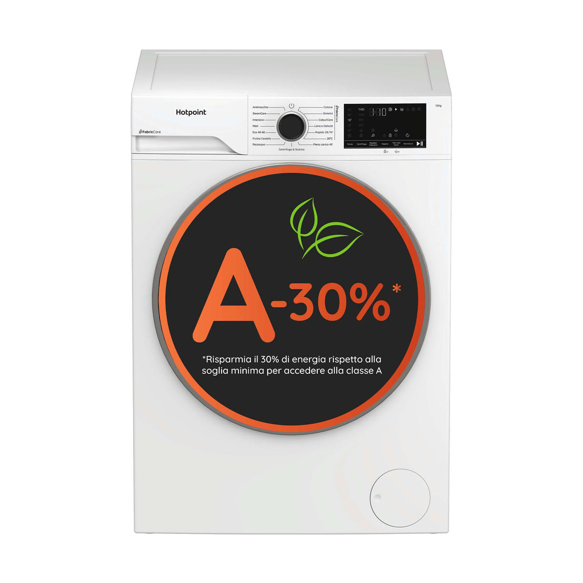 Lavatrice bianca con grande cerchio arancione "A-30%".