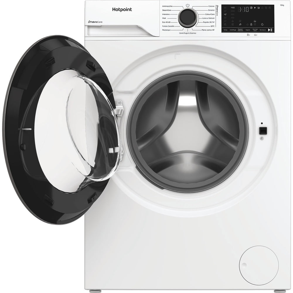 Lavatrice Hotpoint bianca con oblò aperto, che mostra il cestello.