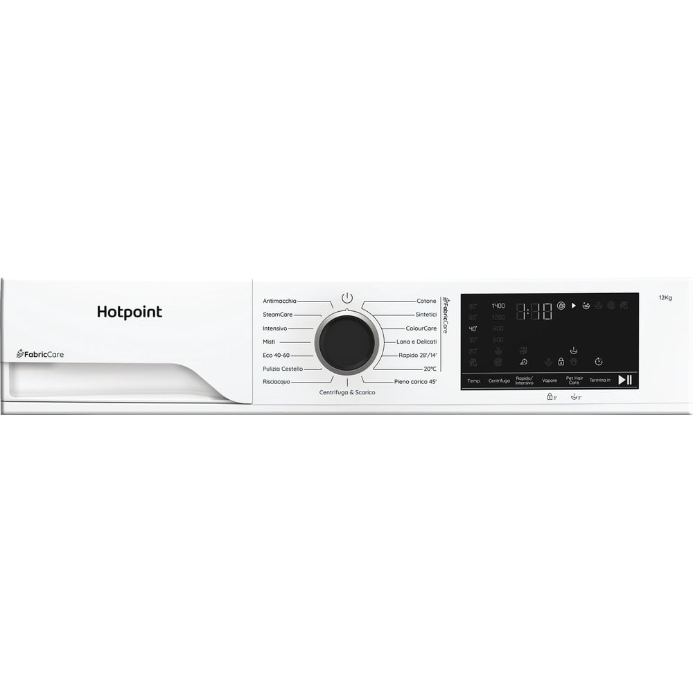 Lavatrice bianca con display digitale e manopola selezione programmi. Logo Hotpoint.