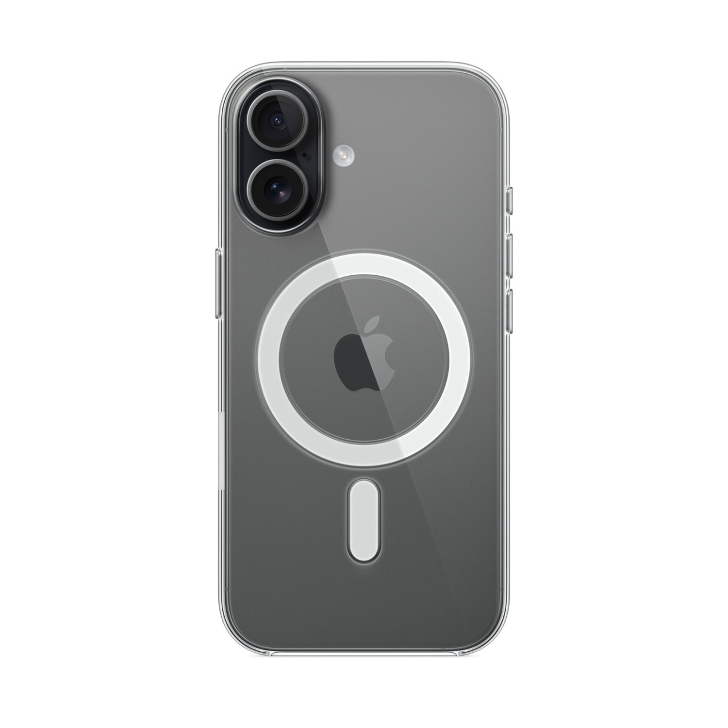 Funda transparente para teléfono con dos cámaras y logo de Apple.