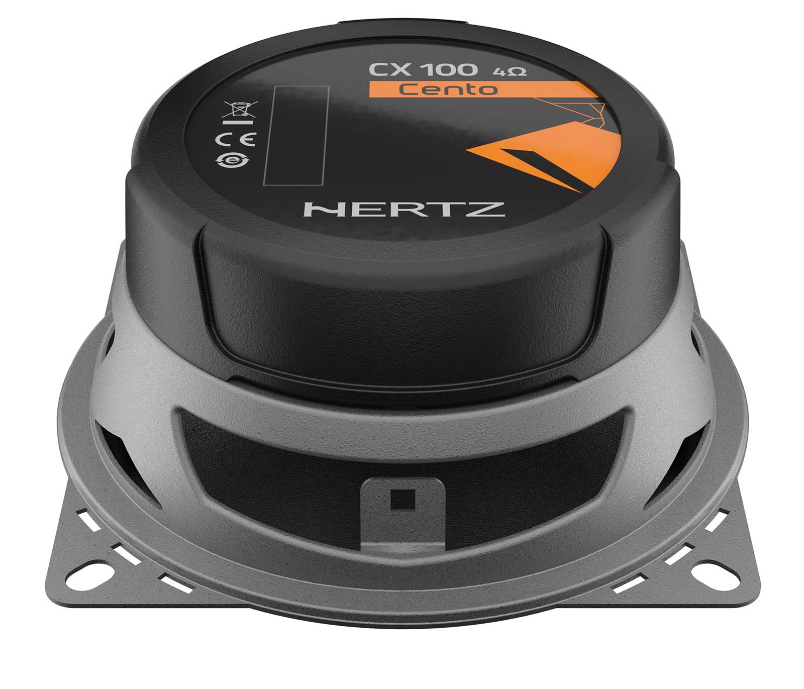 Ein schwarzer und grauer Lautsprecher mit Hertz-Logo und Modellbezeichnung CX 100 Cento.