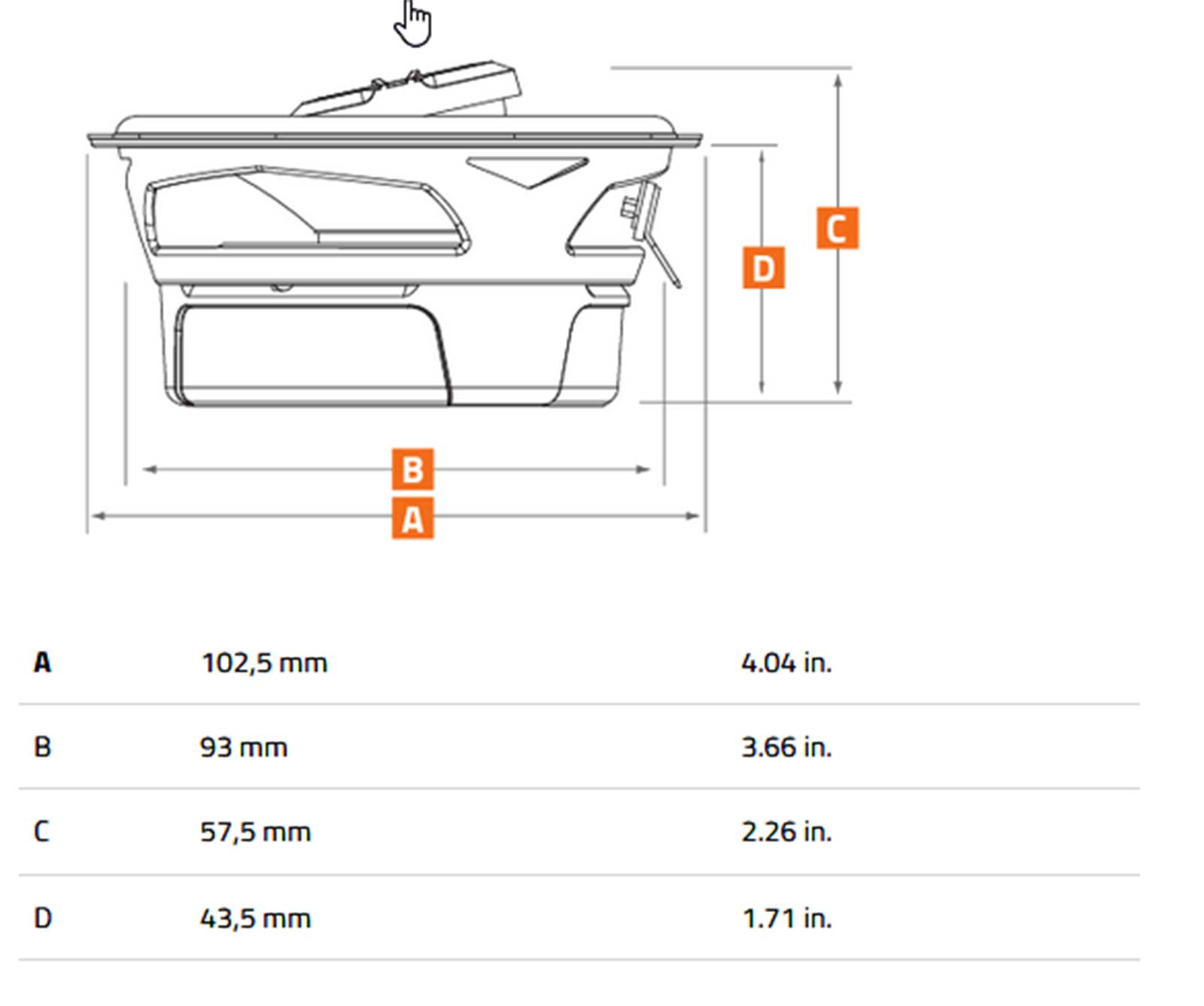 Technische Zeichnung mit Maßen A, B, C, D in mm und Zoll.
