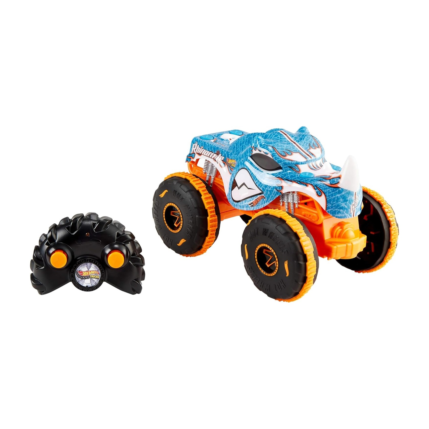 Niebiesko-pomarańczowy monster truck zdalnie sterowany w kształcie nosorożca z czarnym pilotem.