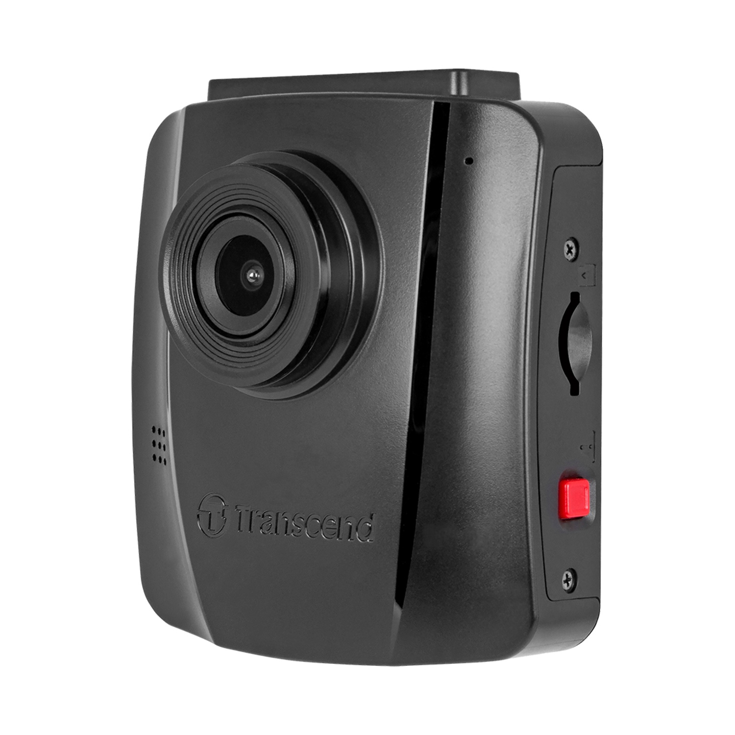 Zwarte dashcam met lens en rode knop, op witte achtergrond.