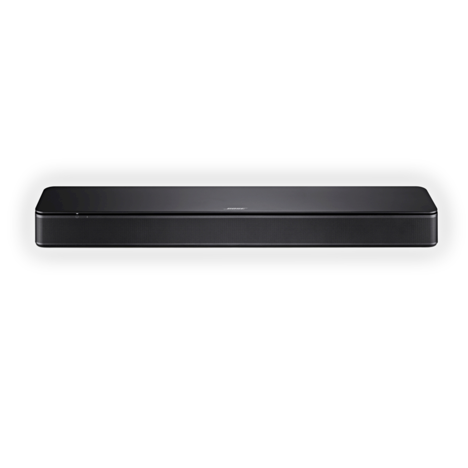 Czarny soundbar Bose z grillowanym frontem i świecącą krawędzią.