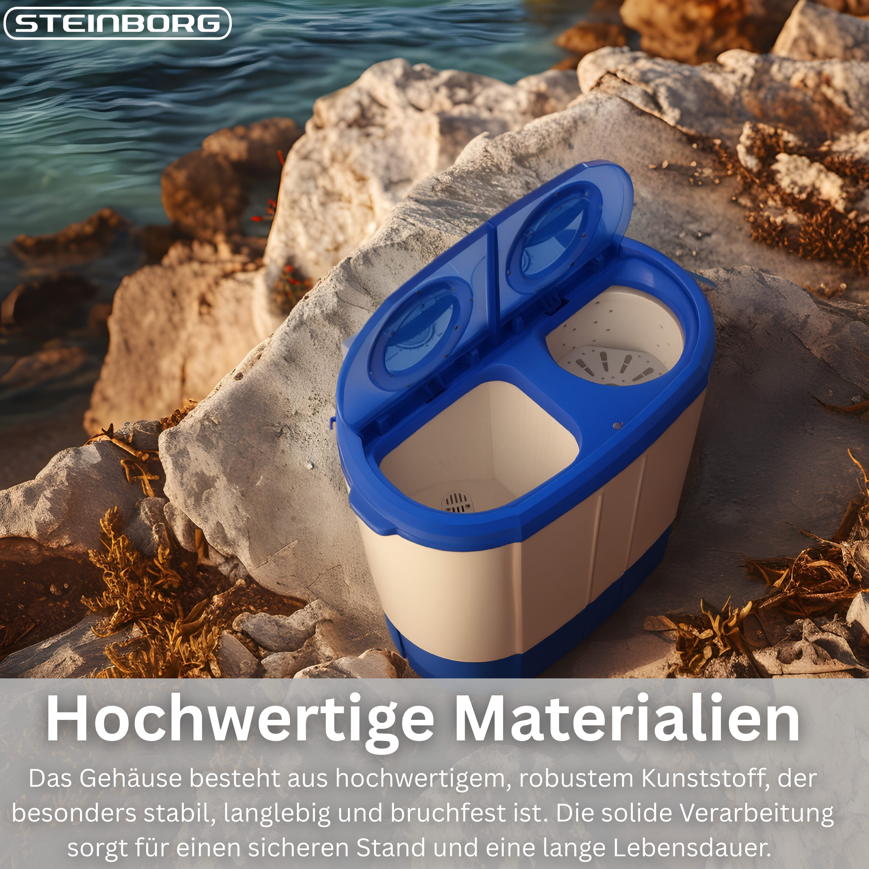 Ein blauer und beiger Wäschetrockner steht auf Felsen am Wasser.
