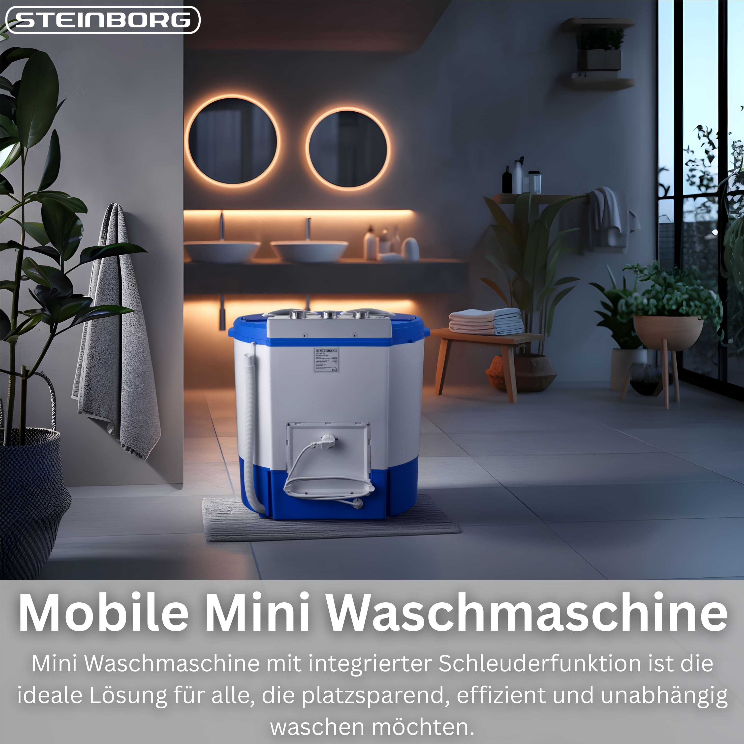 Kompakte, mobile Waschmaschine in einem Badezimmer mit Pflanzen.