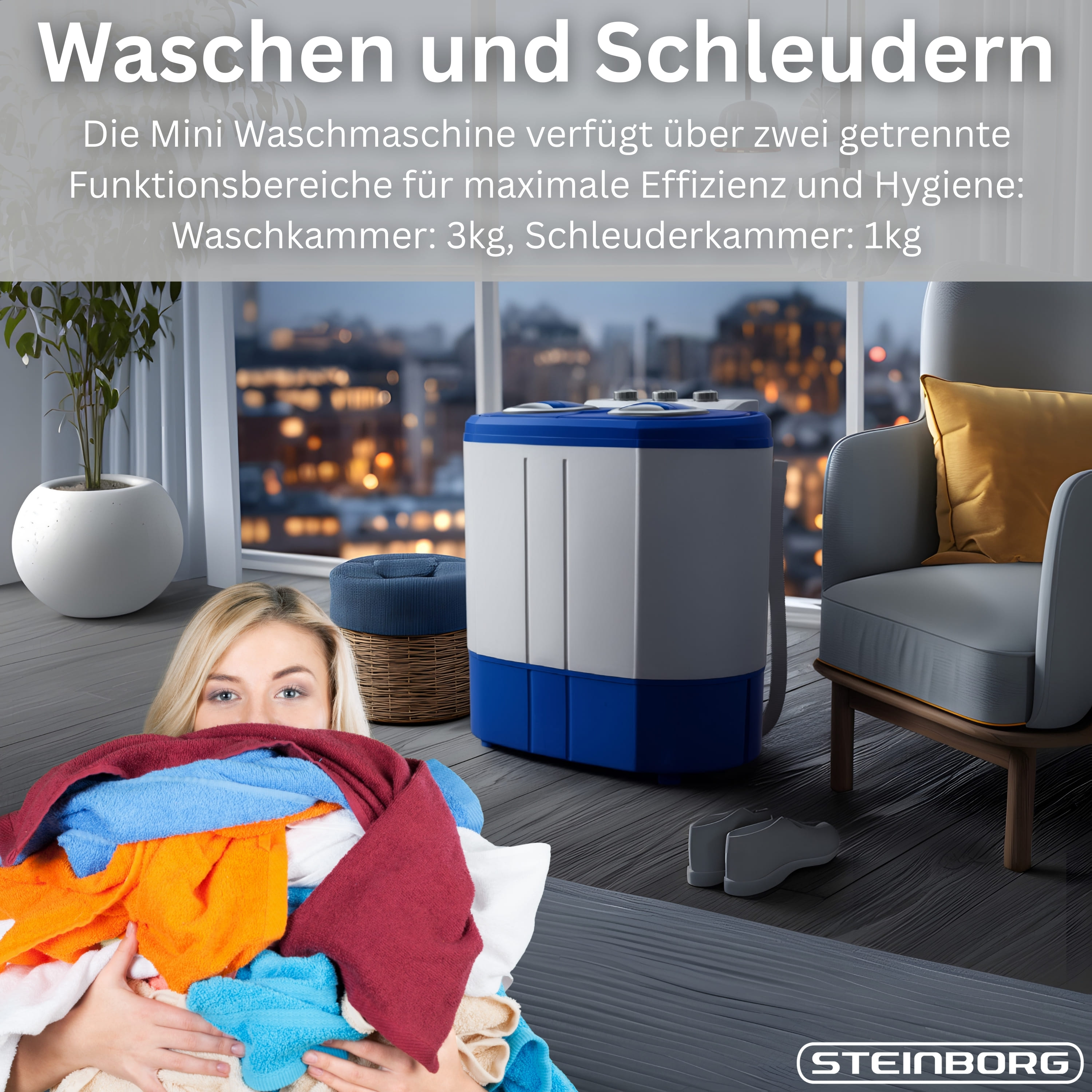 Mini-Waschmaschine mit zwei Kammern, daneben eine Frau mit Wäsche und ein Sessel.