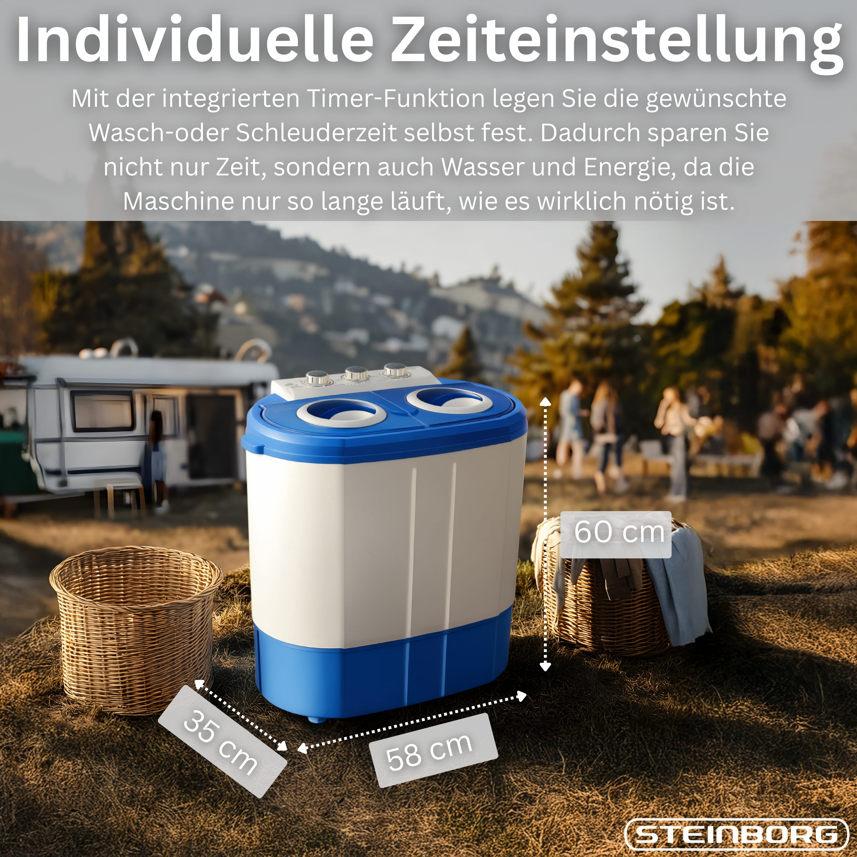 Kompakte Waschmaschine mit blauen Akzenten, draußen neben einem Wohnwagen.
