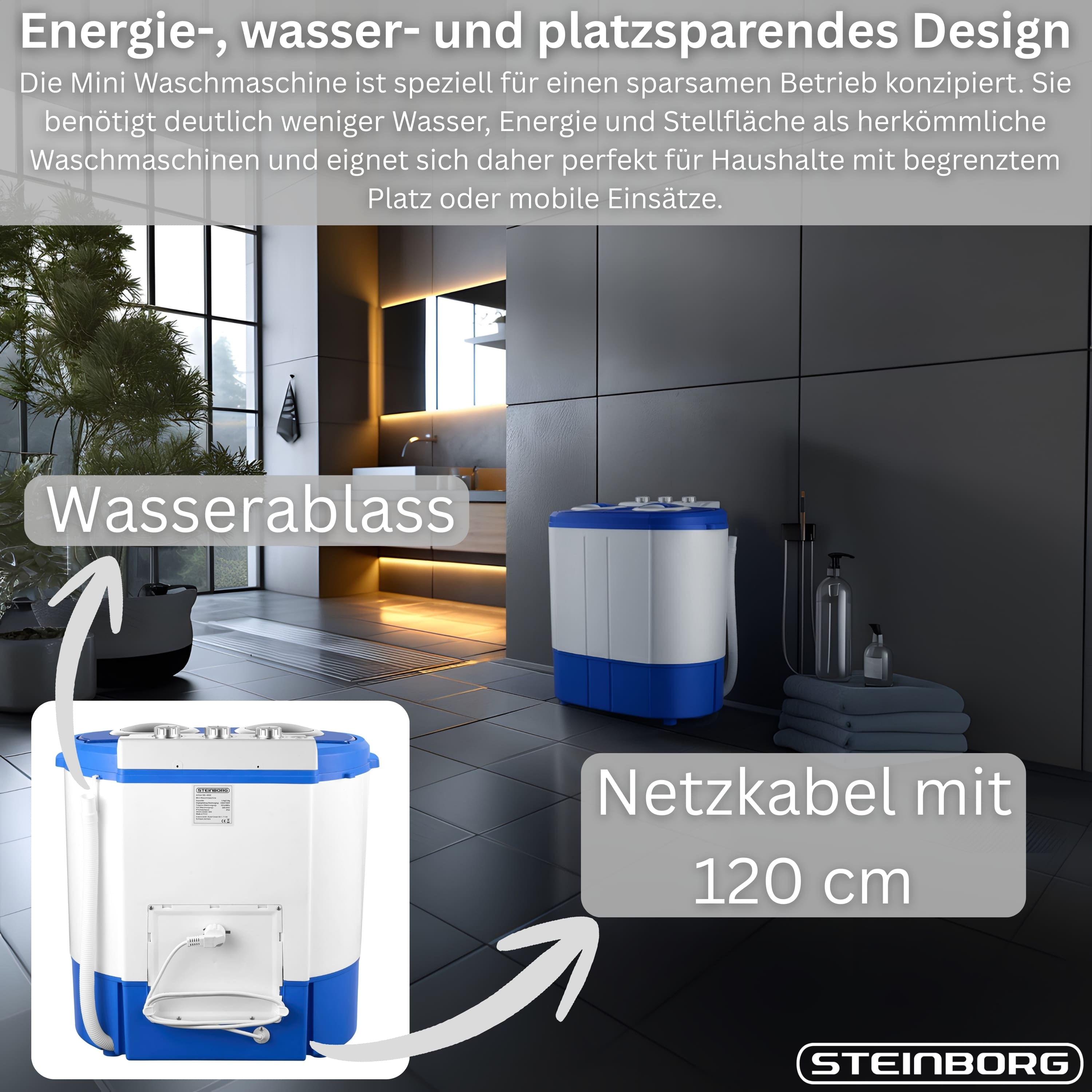 Kompakte weiße und blaue Mini-Waschmaschine mit Steuerelementen und Kabel.