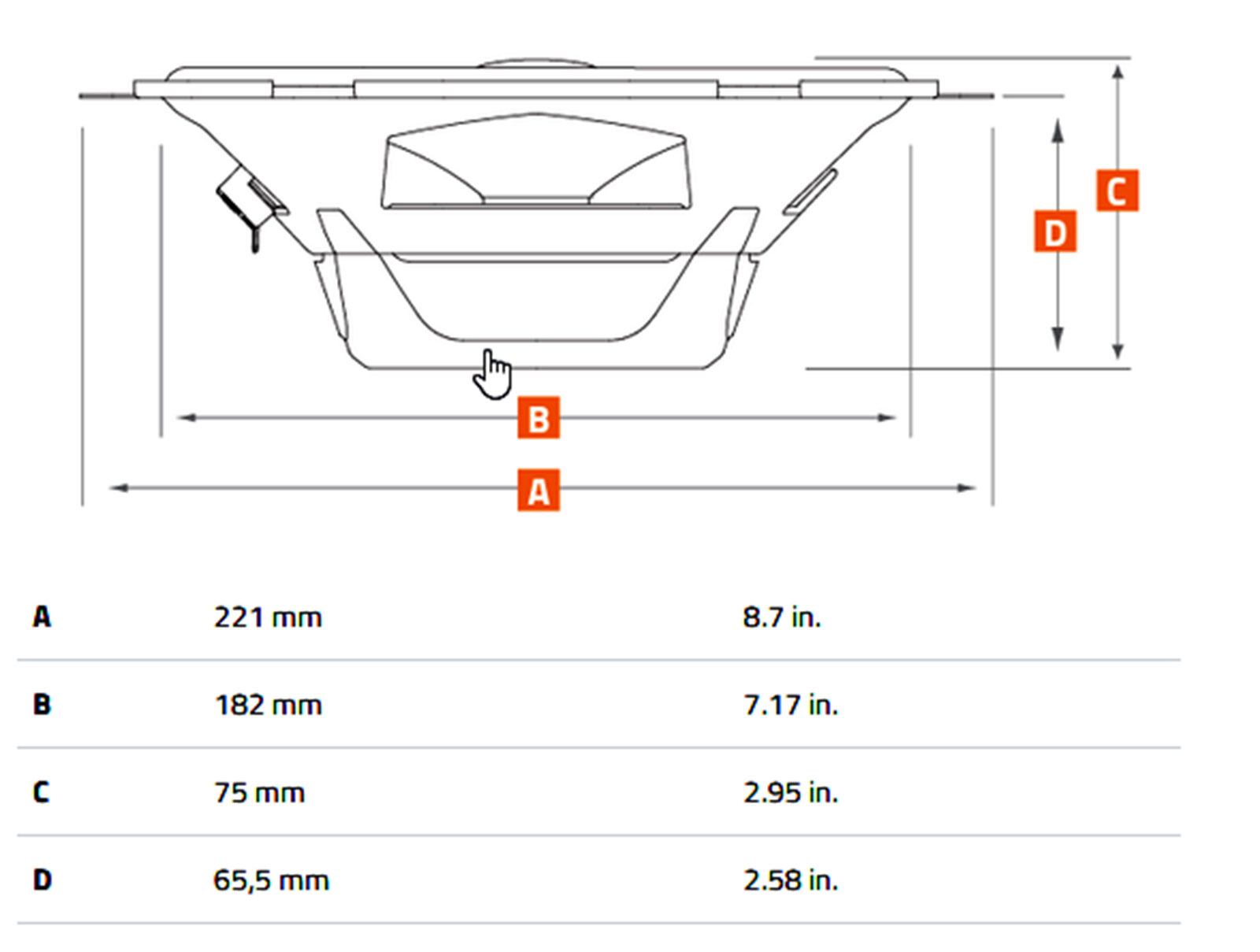 Technische Zeichnung eines Lautsprechers mit Bemaßungen A, B, C und D.