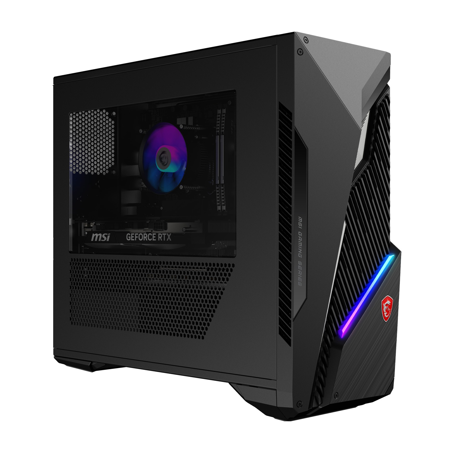 PC da gaming nero con ventola RGB, scheda grafica GeForce RTX e alimentatore illuminato.
